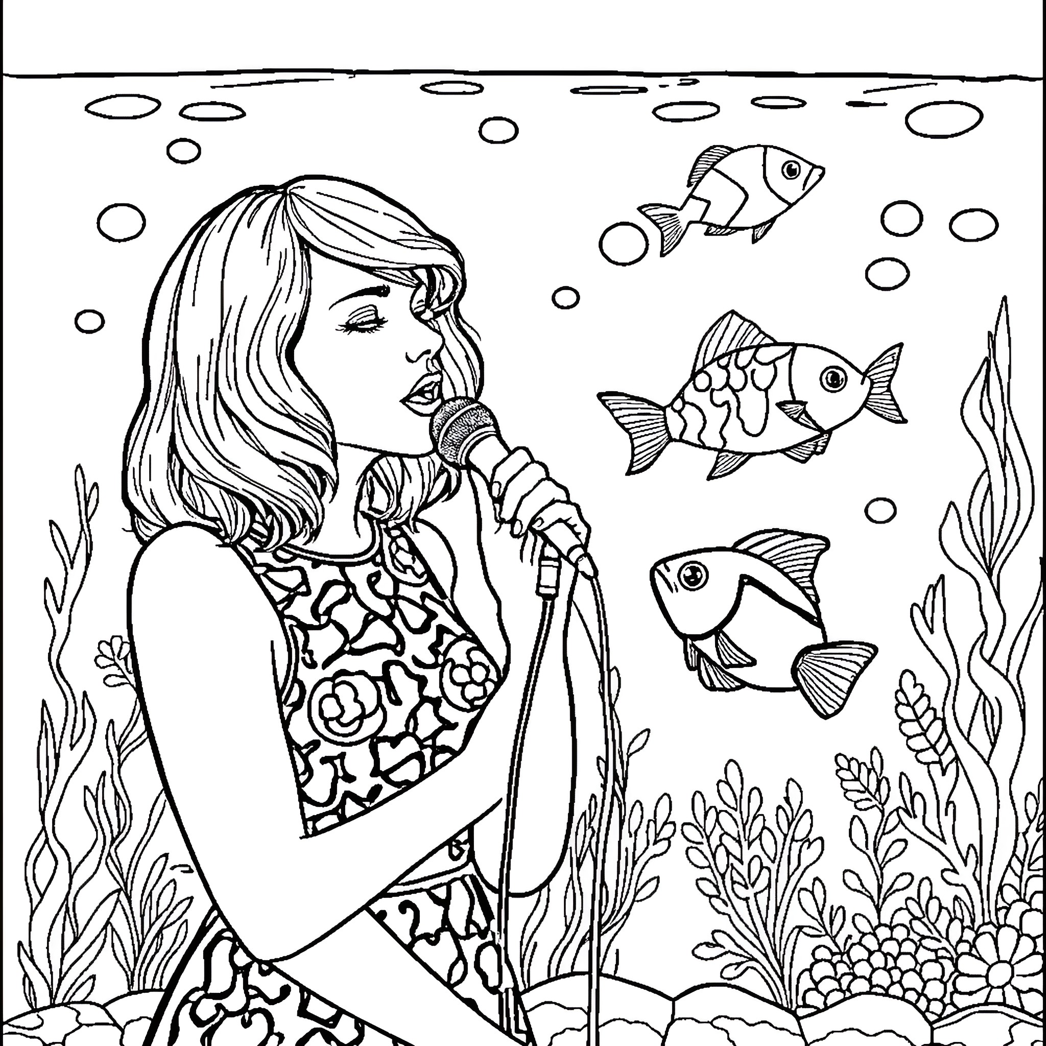 Taylor Swift singing underwater with colorful fish Coloring Page (free black-and-white line drawing printable PDF for all, from beginners to advanced learners, including children, teens, adults, and seniors)