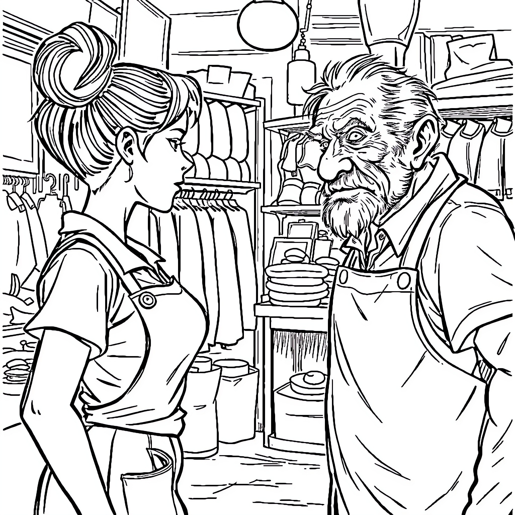 Boutique Worker Interacting with Older Customer Coloring Page (free black-and-white line drawing printable PDF for all, from beginners to advanced learners, including children, teens, adults, and seniors)