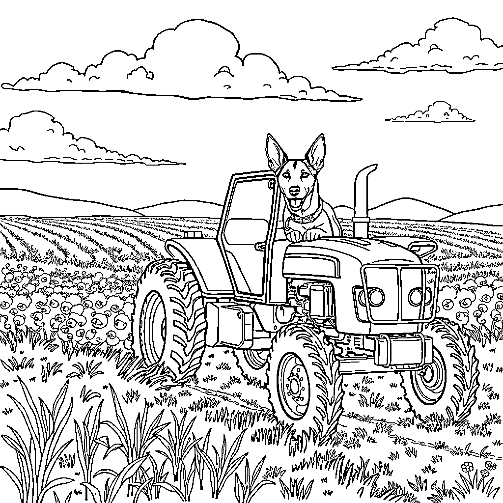 Rubble of Farmland Tractor and Canine Companion Coloring Page (free black-and-white line drawing printable PDF for all, from beginners to advanced learners, including children, teens, adults, and seniors)