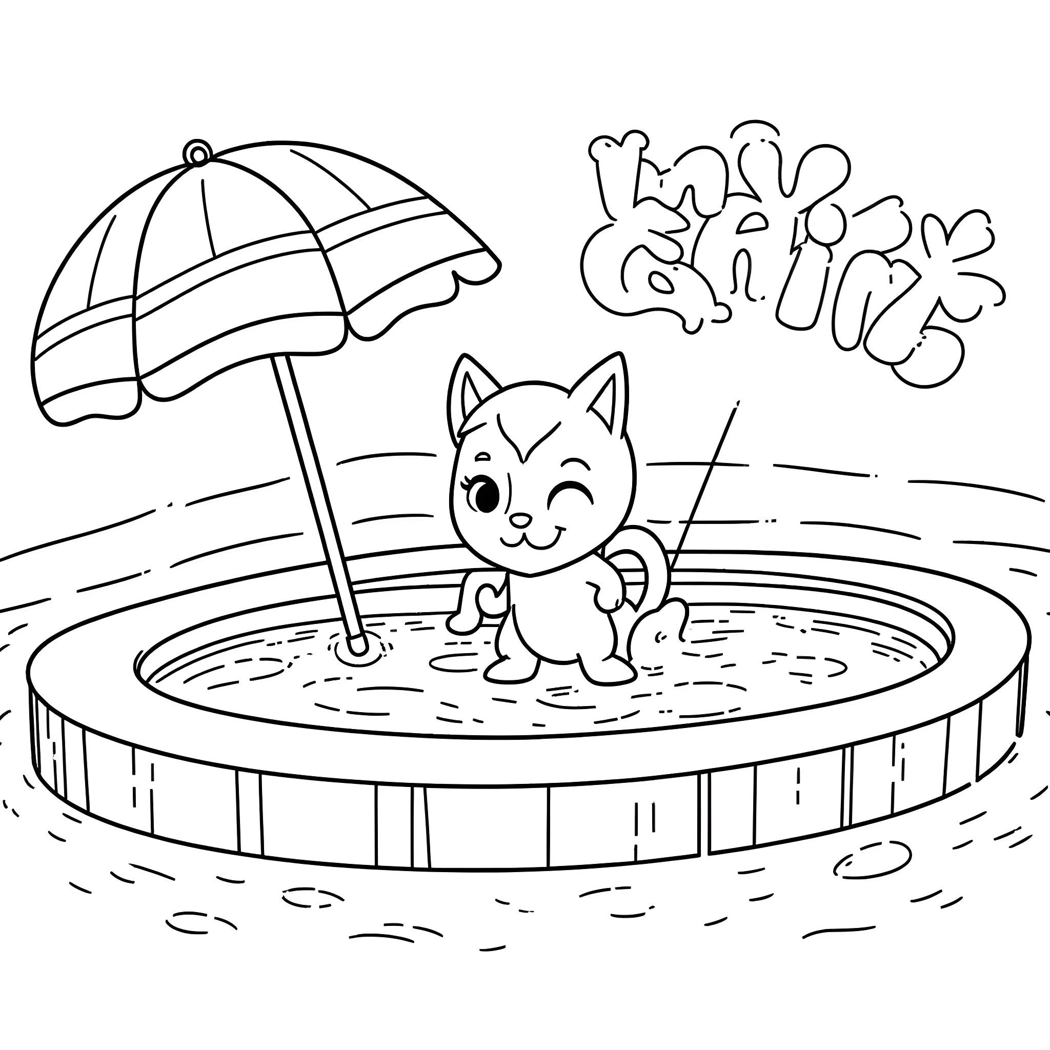 Cat playing happily in a pool with an umbrella Coloring Page (free black-and-white line drawing printable PDF for all, from beginners to advanced learners, including children, teens, adults, and seniors)