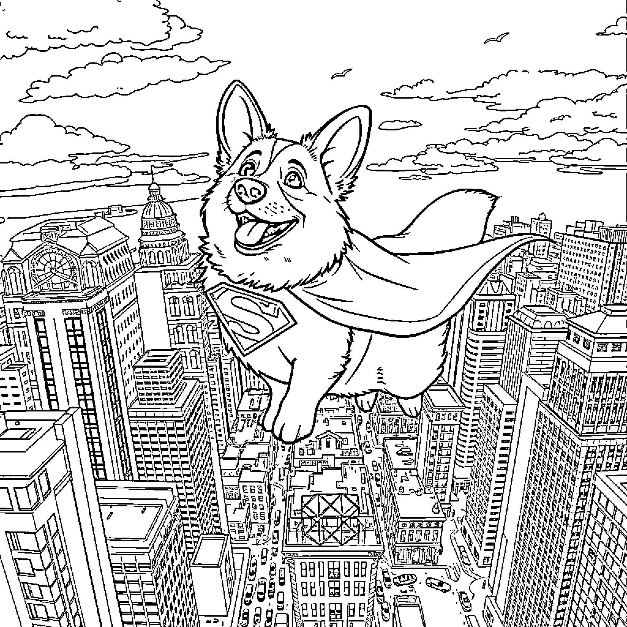 Corgi soaring over the city skyline Coloring Page (free black-and-white line drawing printable PDF for all, from beginners to advanced learners, including children, teens, adults, and seniors)