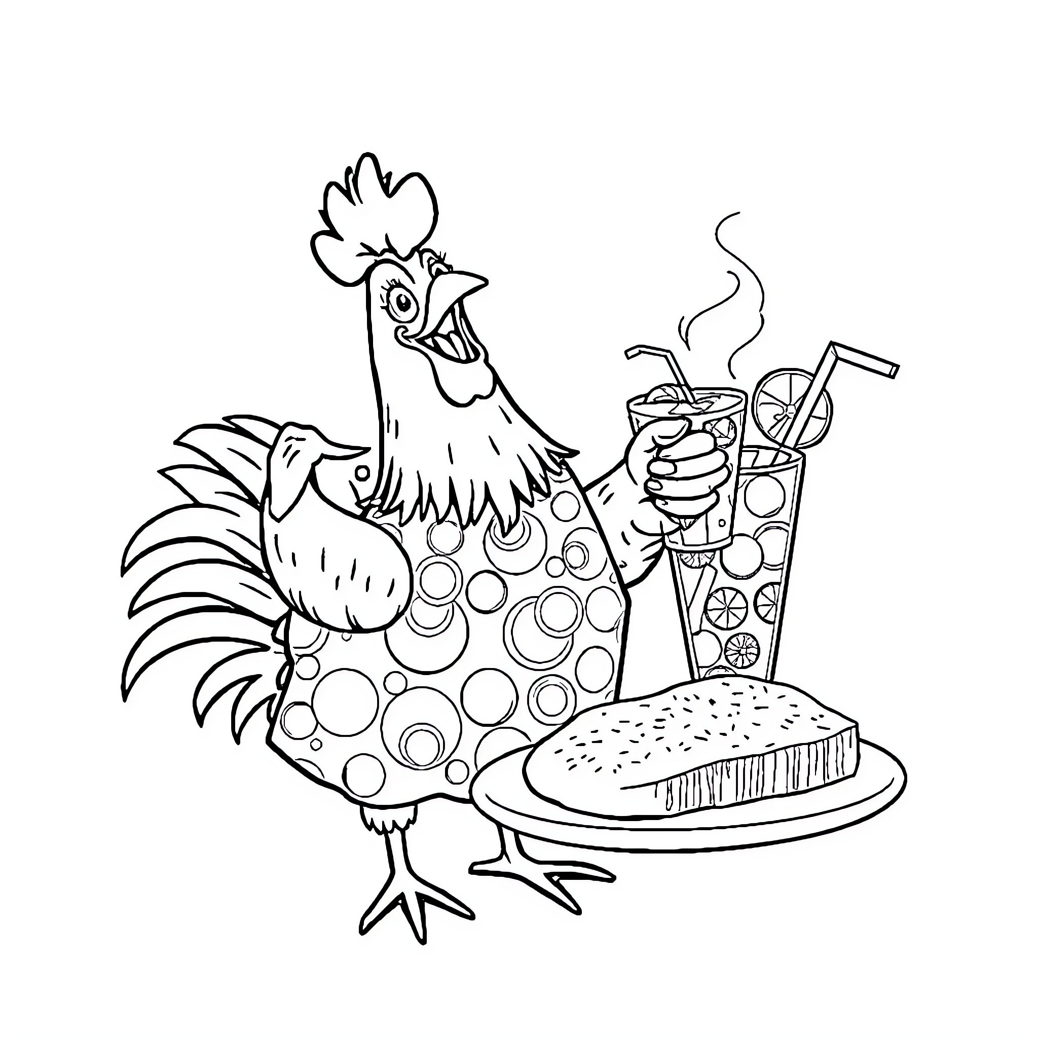 Chicken enjoying a snack and drink Coloring Page (free black-and-white line drawing printable PDF for all, from beginners to advanced learners, including children, teens, adults, and seniors)