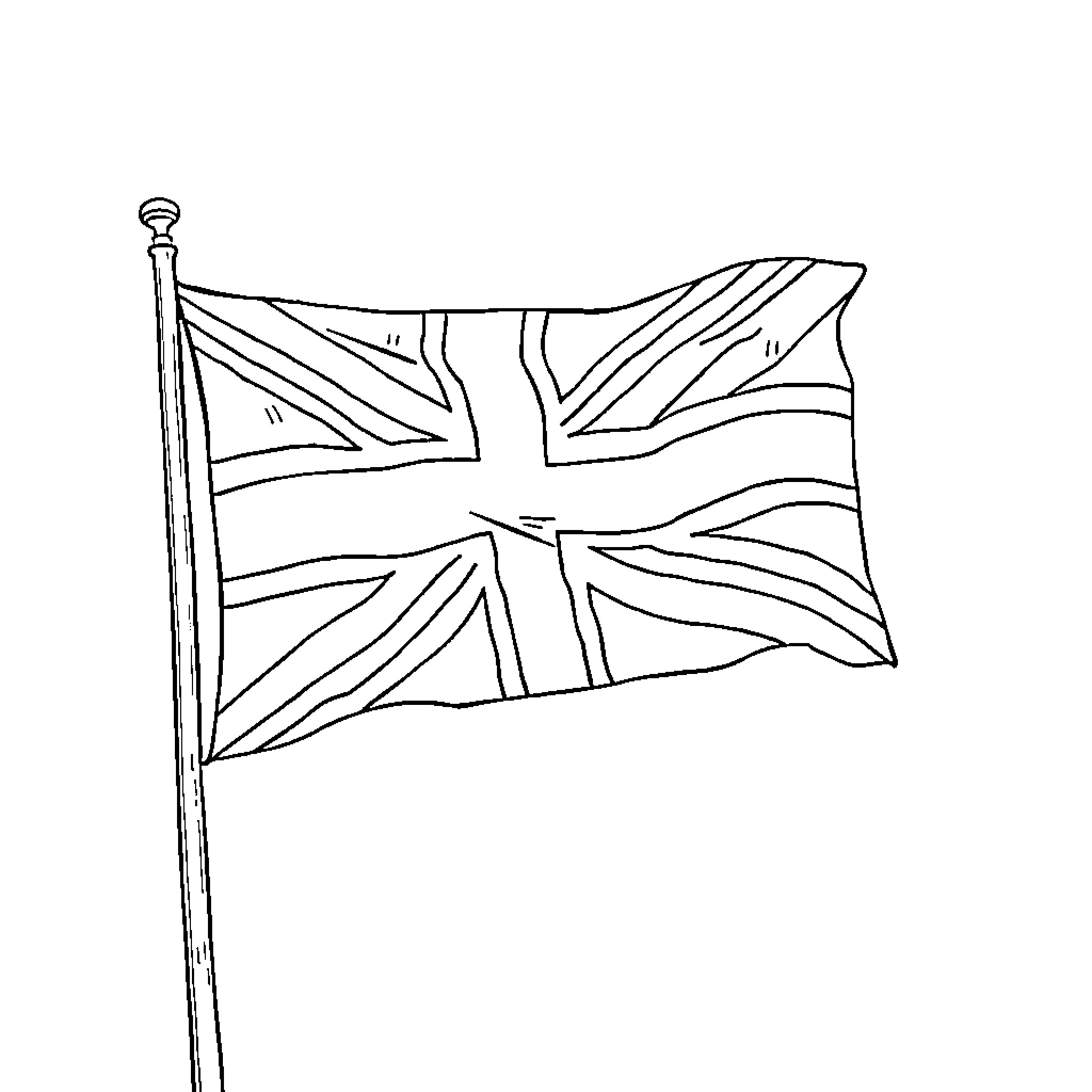 Flag of the United Kingdom waving proudly Coloring Page (free black-and-white line drawing printable PDF for all, from beginners to advanced learners, including children, teens, adults, and seniors)
