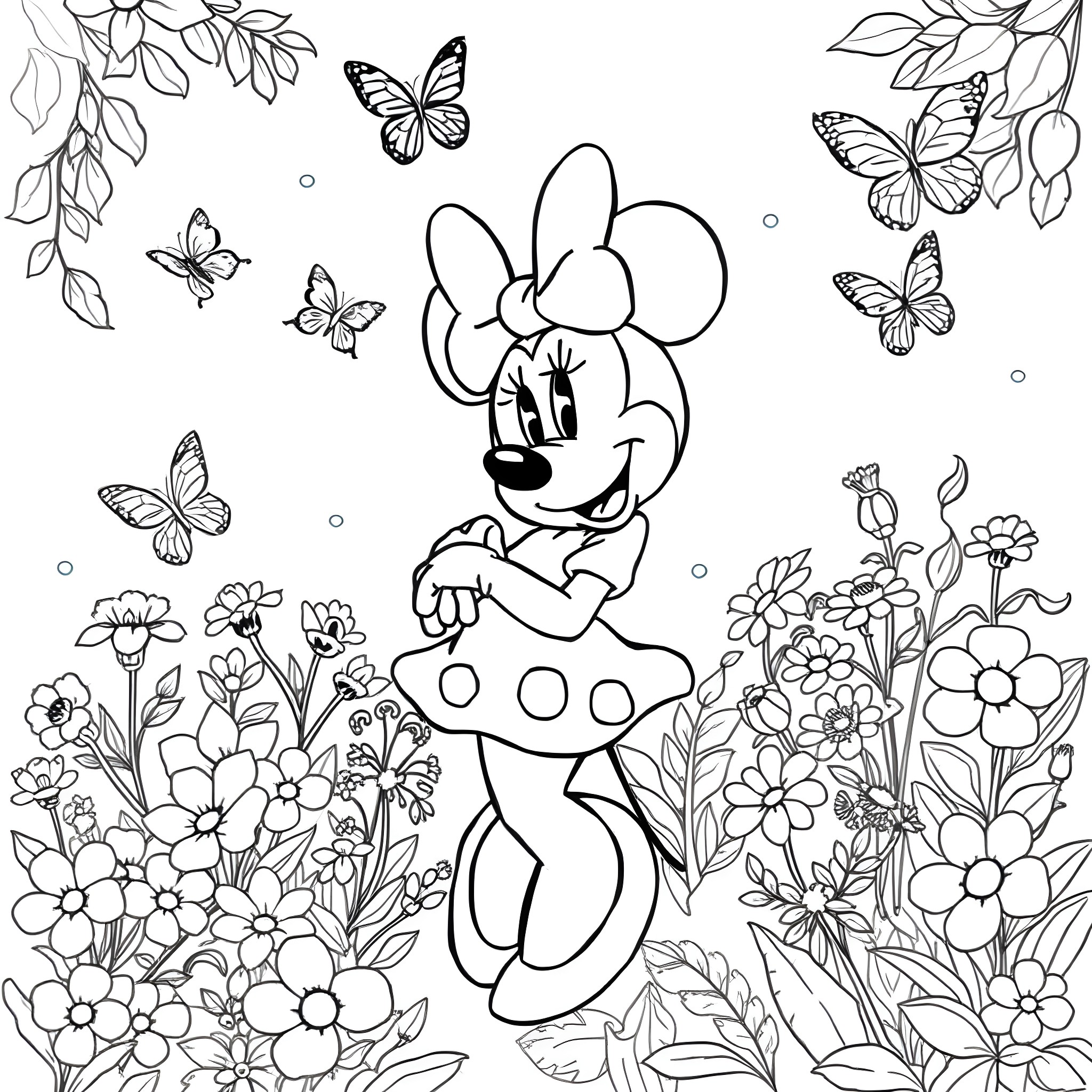 Minnie Mouse in a Floral Garden with Butterflies Coloring Page (free black-and-white line drawing printable PDF for all, from beginners to advanced learners, including children, teens, adults, and seniors)