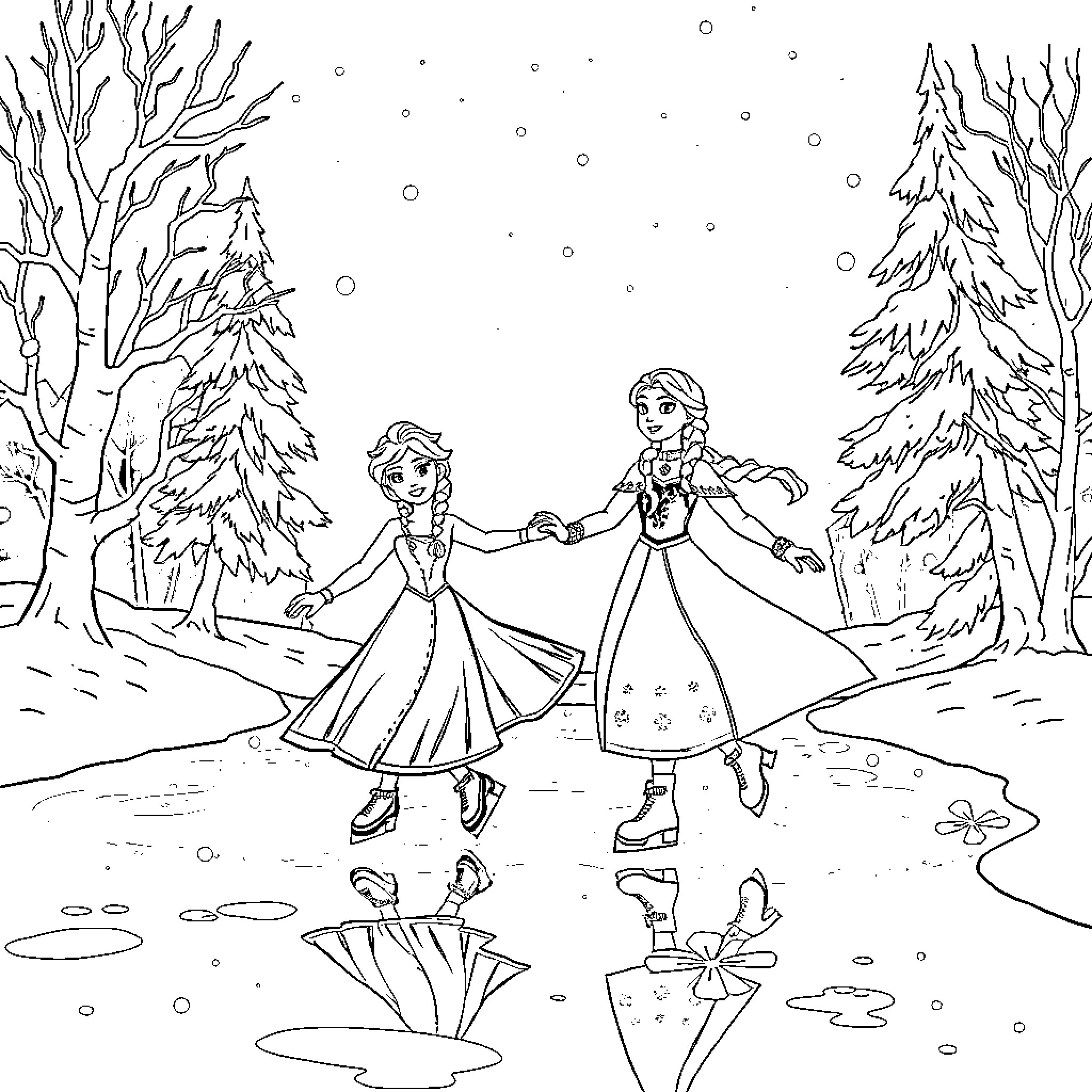 Elsa and Anna ice skating in the winter wonderland Coloring Page (free black-and-white line drawing printable PDF for all, from beginners to advanced learners, including children, teens, adults, and seniors)