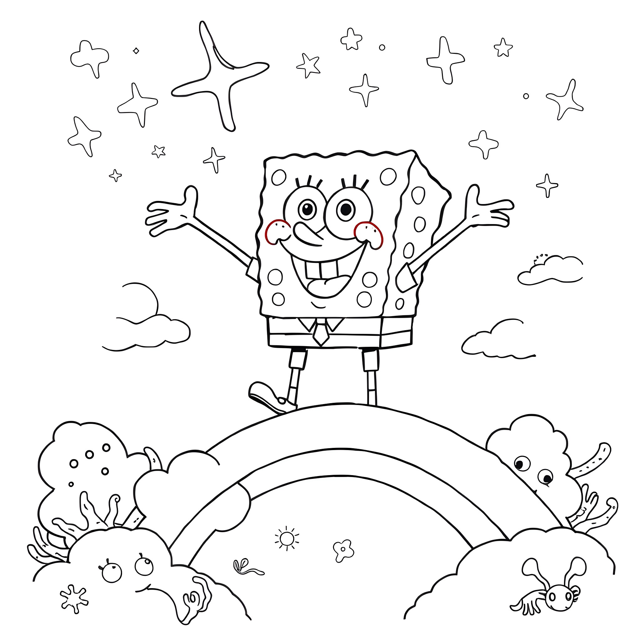 Spongebob joyfully stands under the starry sky Coloring Page (free black-and-white line drawing printable PDF for all, from beginners to advanced learners, including children, teens, adults, and seniors)