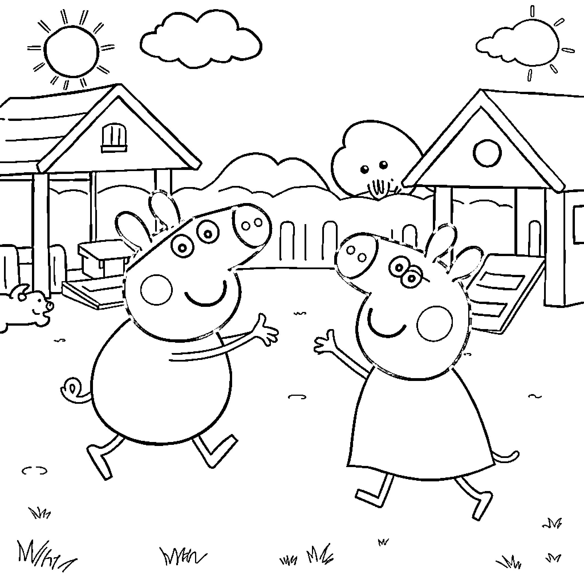 Peppa Pig and friend playing in the neighborhood Coloring Page (free black-and-white line drawing printable PDF for all, from beginners to advanced learners, including children, teens, adults, and seniors)