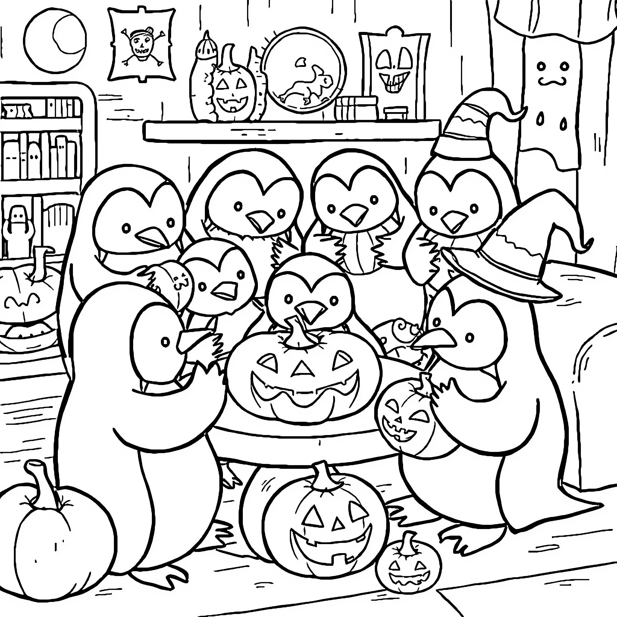 Penguin family celebrating Halloween together Coloring Page (free black-and-white line drawing printable PDF for all, from beginners to advanced learners, including children, teens, adults, and seniors)