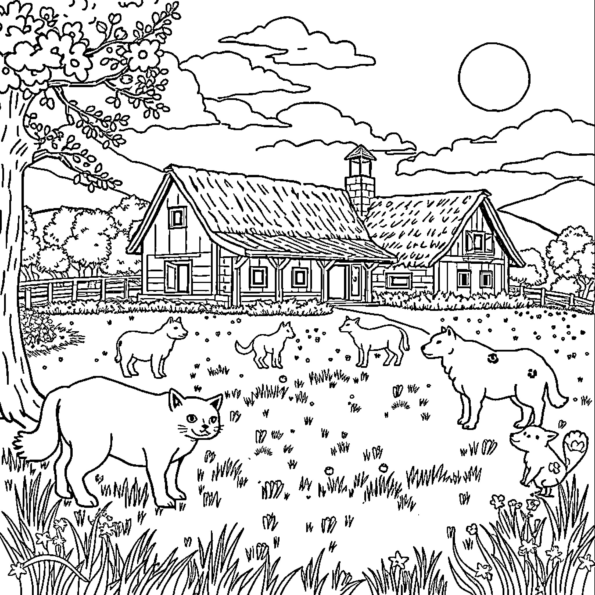 La Granja de Zenon: Animals and Farmhouse in Idyllic Countryside Coloring Page (free black-and-white line drawing printable PDF for all, from beginners to advanced learners, including children, teens, adults, and seniors)