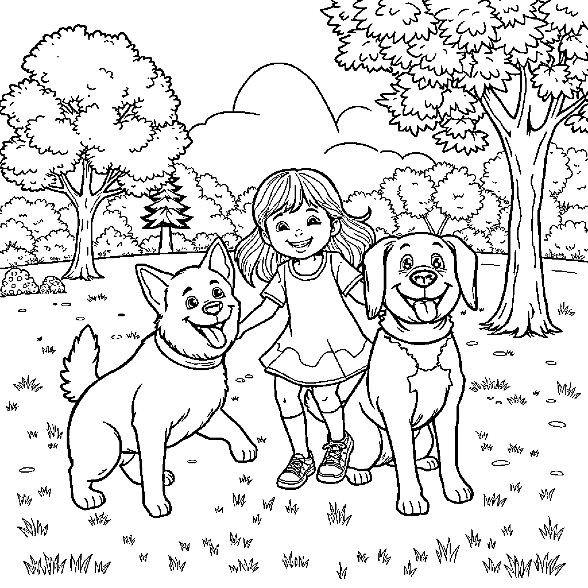 Girl enjoying time with her pets in the park Coloring Page (free black-and-white line drawing printable PDF for all, from beginners to advanced learners, including children, teens, adults, and seniors)