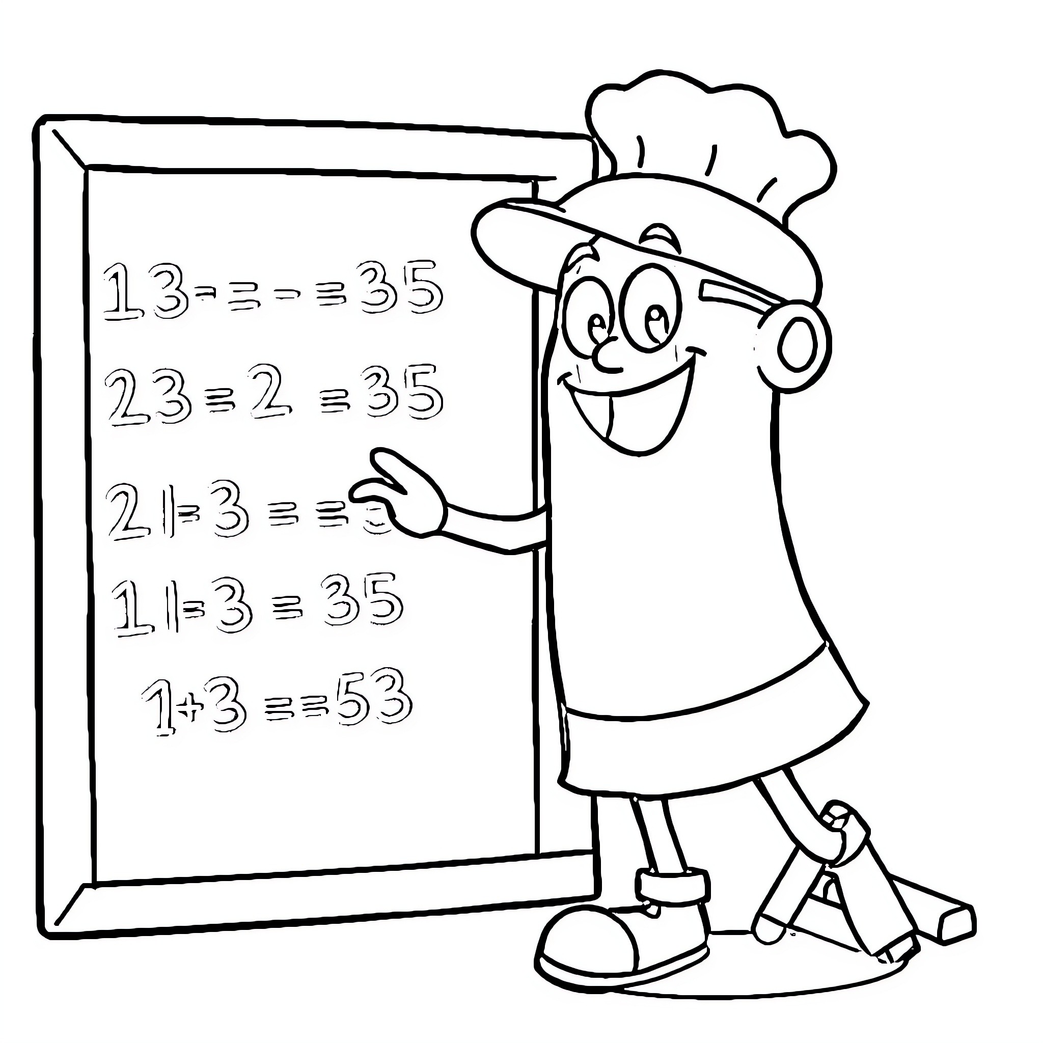 Blippi teaching math equations on a chalkboard Coloring Page (free black-and-white line drawing printable PDF for all, from beginners to advanced learners, including children, teens, adults, and seniors)