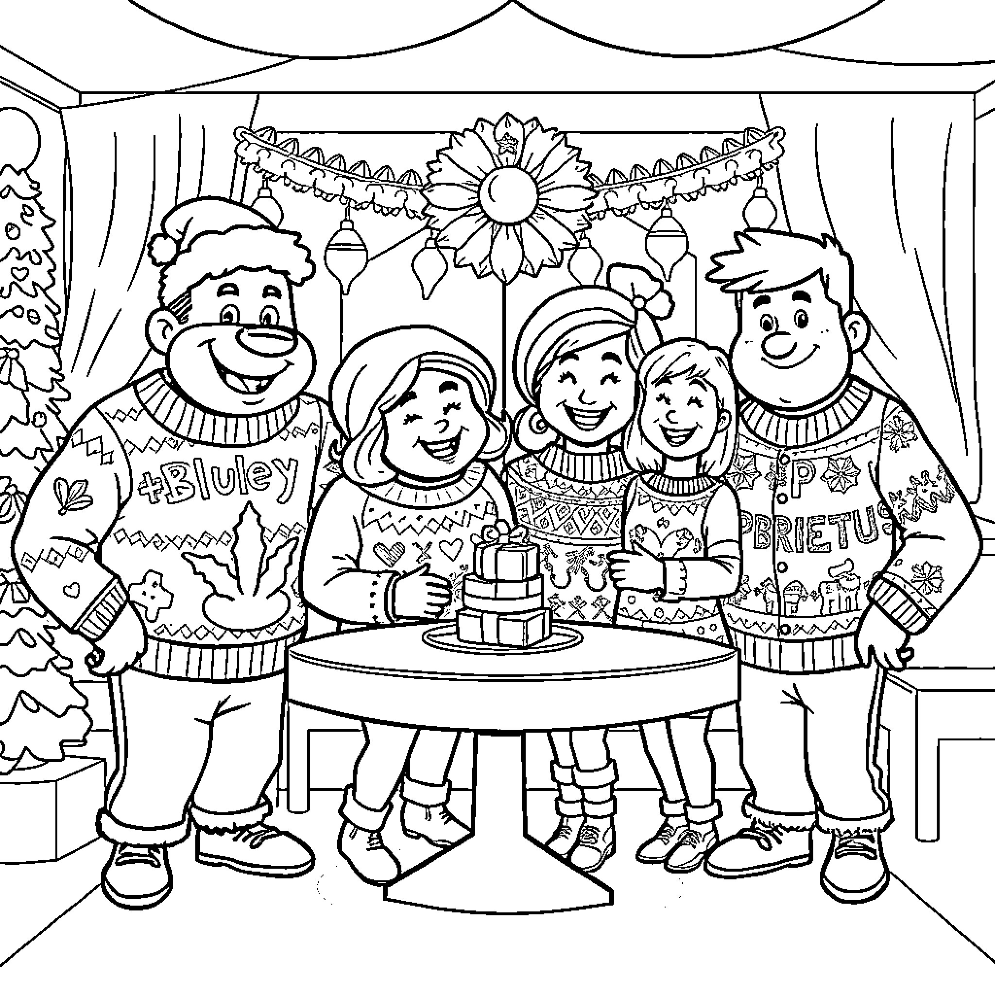 Bluey's Family Celebration with Decorations Coloring Page (free black-and-white line drawing printable PDF for all, from beginners to advanced learners, including children, teens, adults, and seniors)
