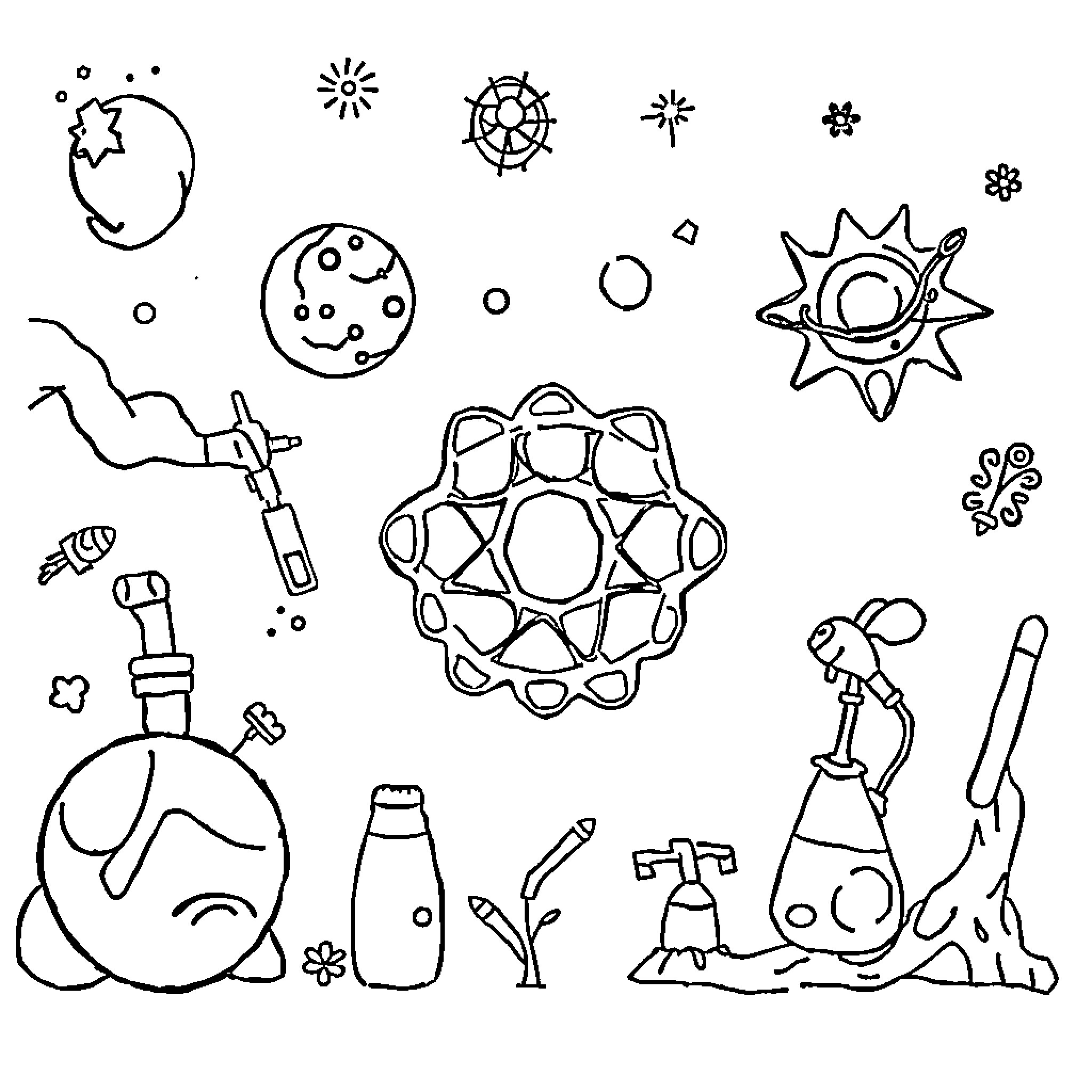 Science Symbols and Illustrations Coloring Page (free black-and-white line drawing printable PDF for all, from beginners to advanced learners, including children, teens, adults, and seniors)