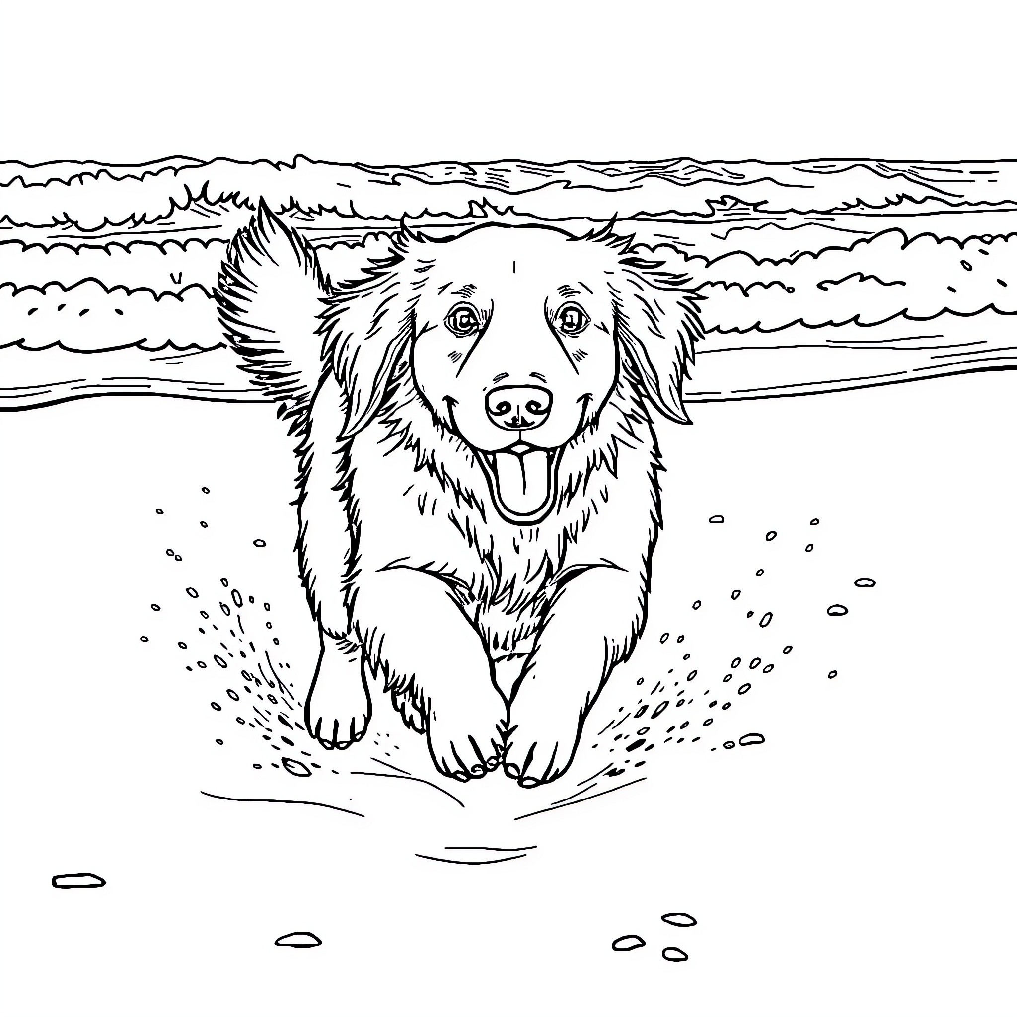 Golden Retriever playing joyfully on the beach Coloring Page (free black-and-white line drawing printable PDF for all, from beginners to advanced learners, including children, teens, adults, and seniors)