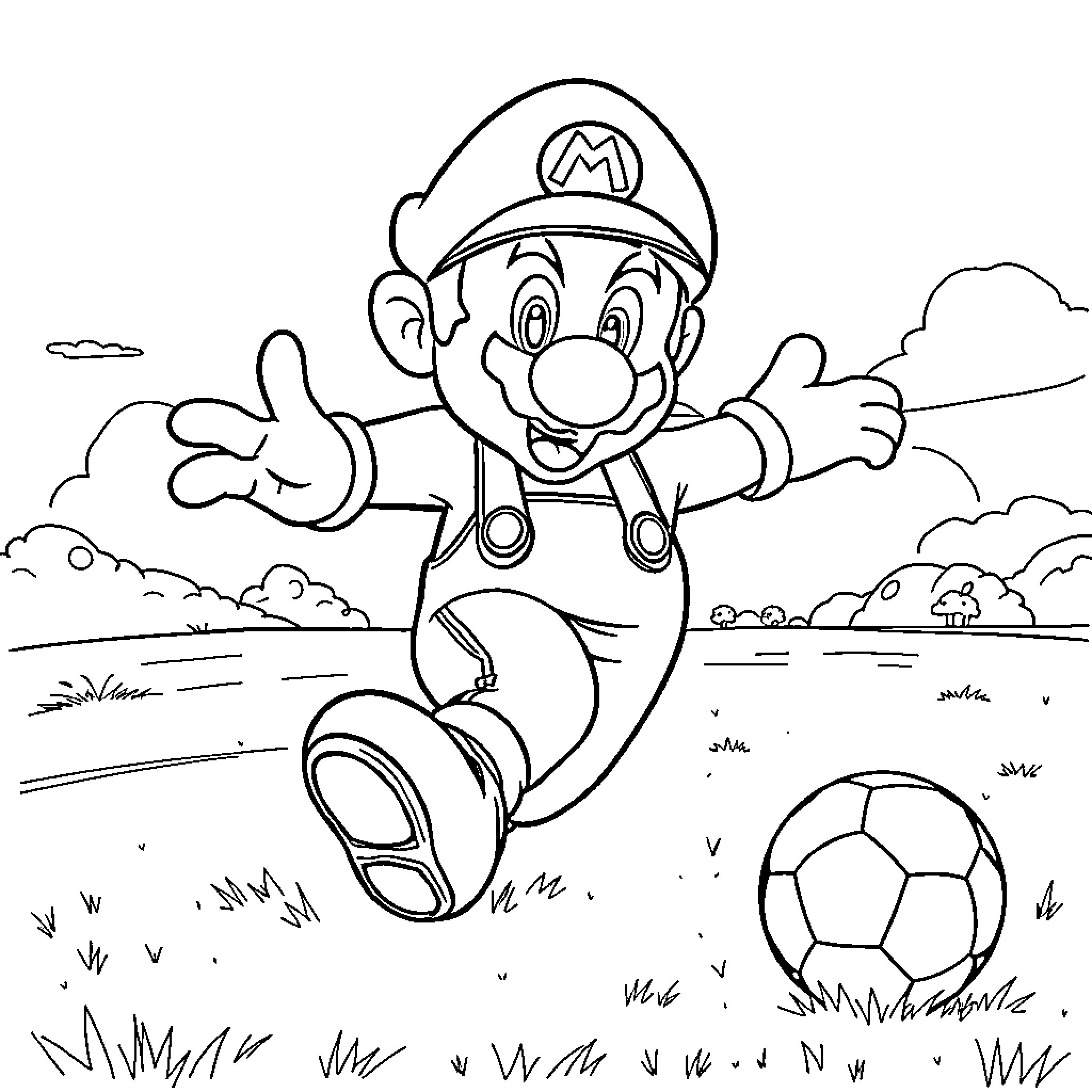 Super Mario jumping happily with a soccer ball Coloring Page (free black-and-white line drawing printable PDF for all, from beginners to advanced learners, including children, teens, adults, and seniors)