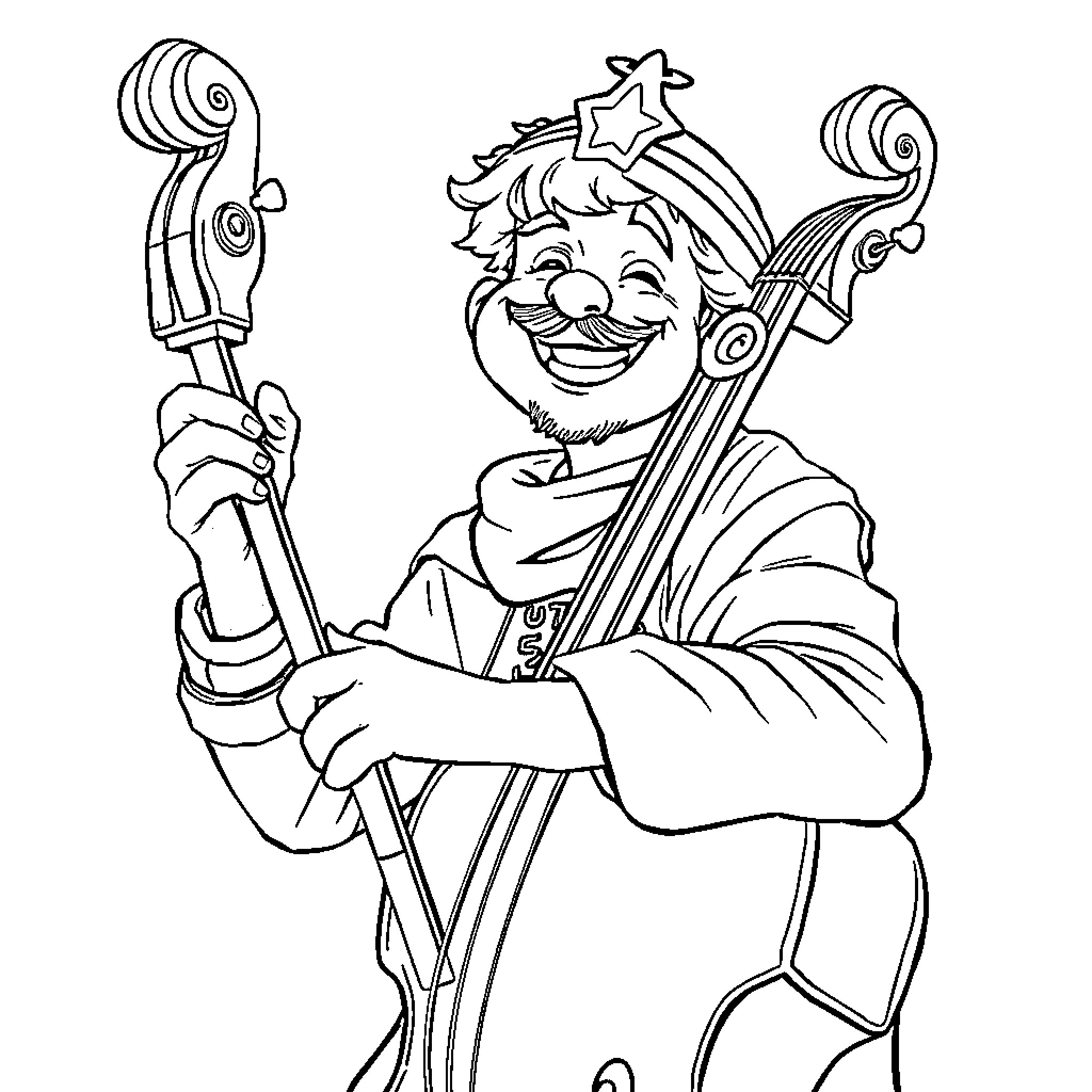 Albator the Jester Entertains with Musical Instrument Coloring Page (free black-and-white line drawing printable PDF for all, from beginners to advanced learners, including children, teens, adults, and seniors)