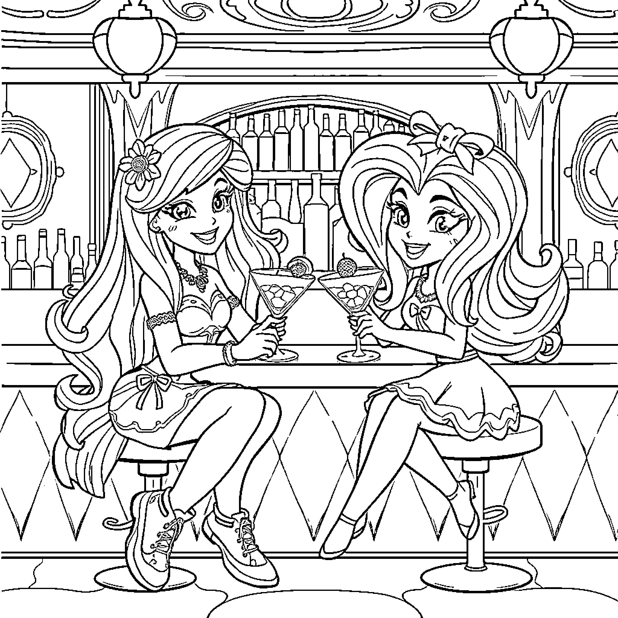 Rainbow Brite friends enjoying drinks at a bar Coloring Page (free black-and-white line drawing printable PDF for all, from beginners to advanced learners, including children, teens, adults, and seniors)