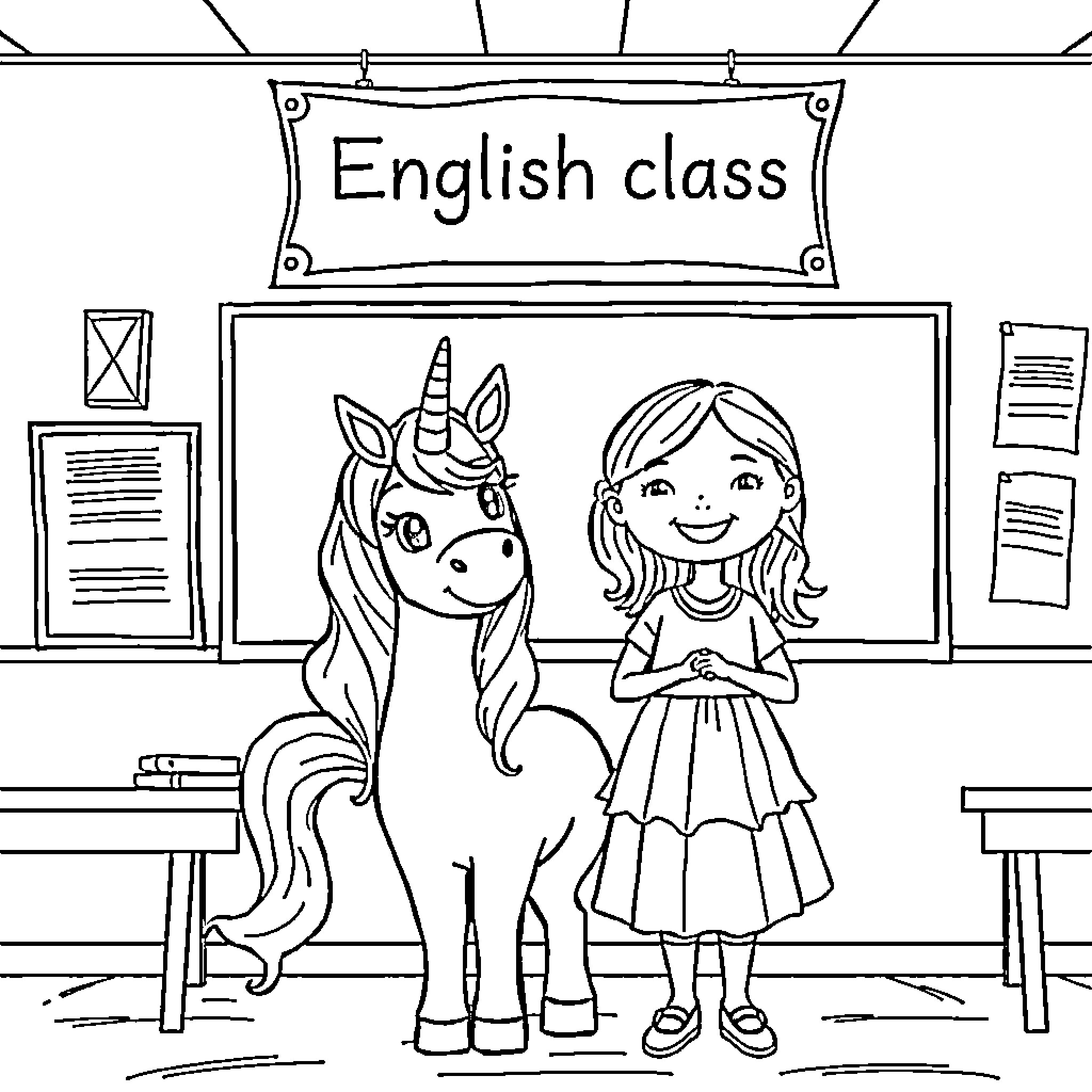 Unicorn and student in English class Coloring Page (free black-and-white line drawing printable PDF for all, from beginners to advanced learners, including children, teens, adults, and seniors)