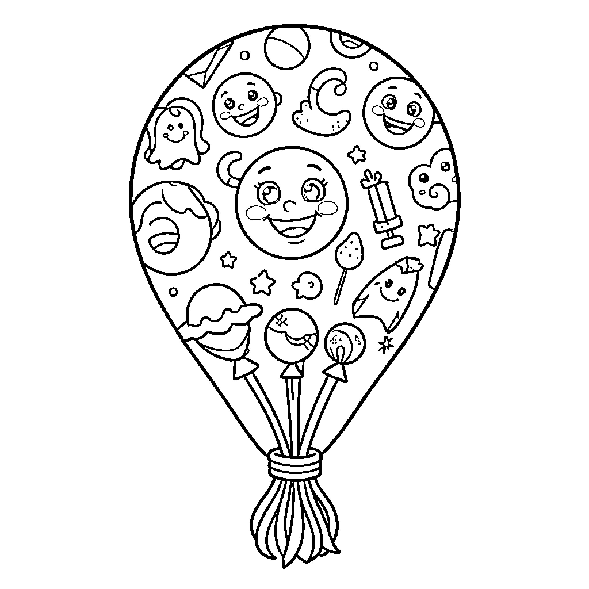 Balloon filled with many cute smiling characters Coloring Page (free black-and-white line drawing printable PDF for all, from beginners to advanced learners, including children, teens, adults, and seniors)