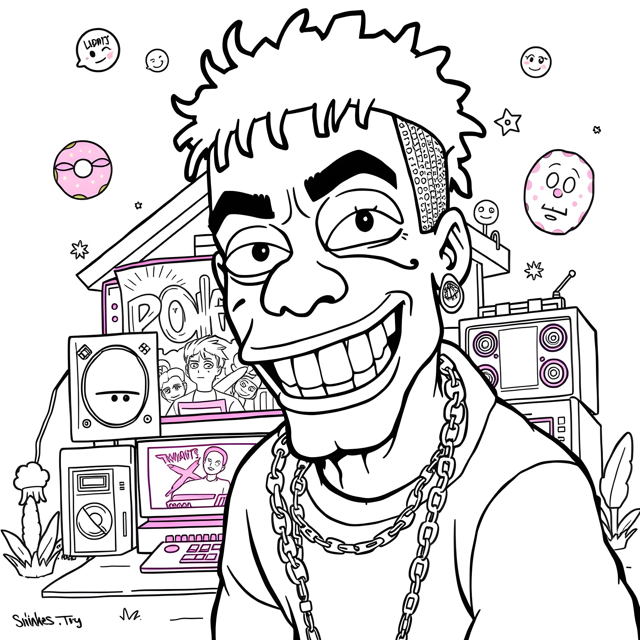 Cartoon Icon with Vibrant Persona and Eclectic Style Coloring Page (free black-and-white line drawing printable PDF for all, from beginners to advanced learners, including children, teens, adults, and seniors)
