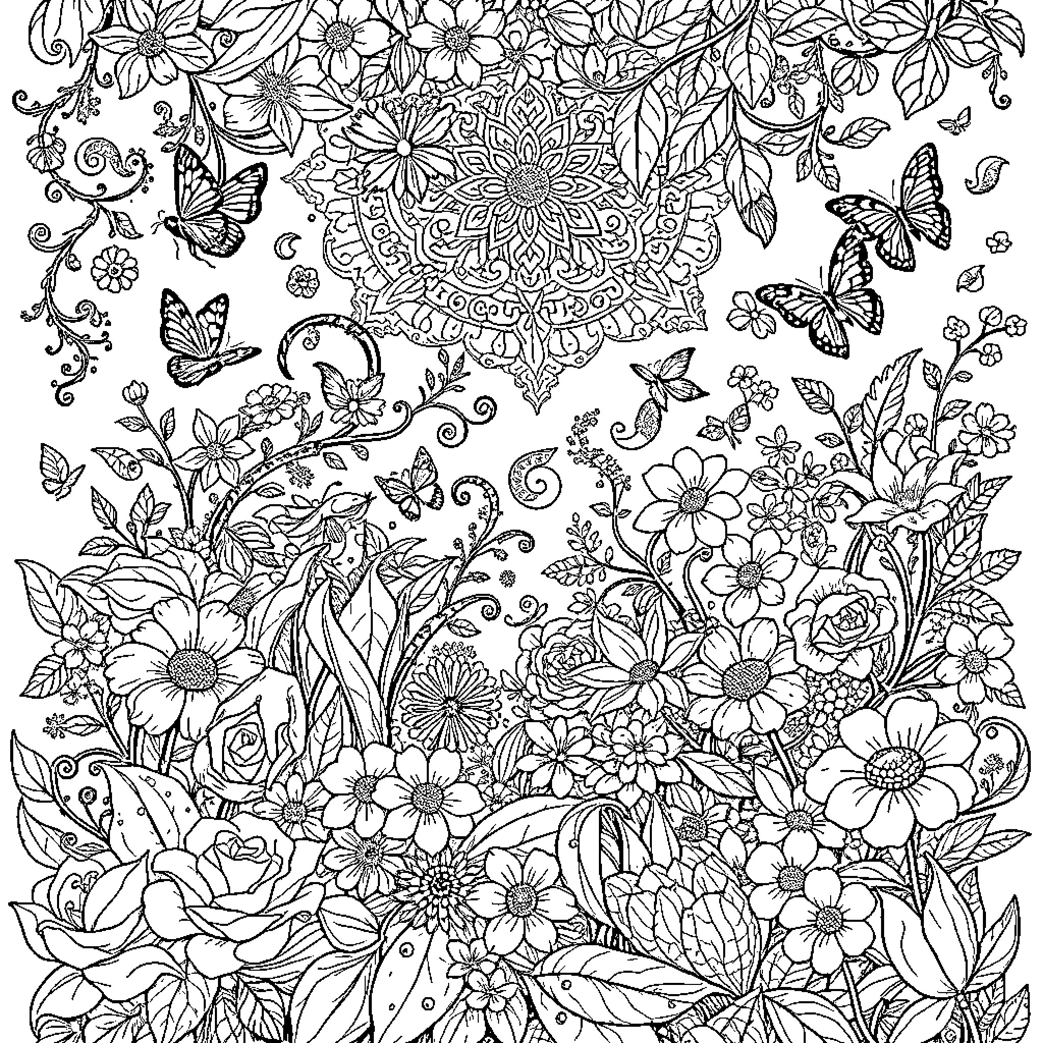 Garden of Floral Wonders Coloring Page (free black-and-white line drawing printable PDF for all, from beginners to advanced learners, including children, teens, adults, and seniors)