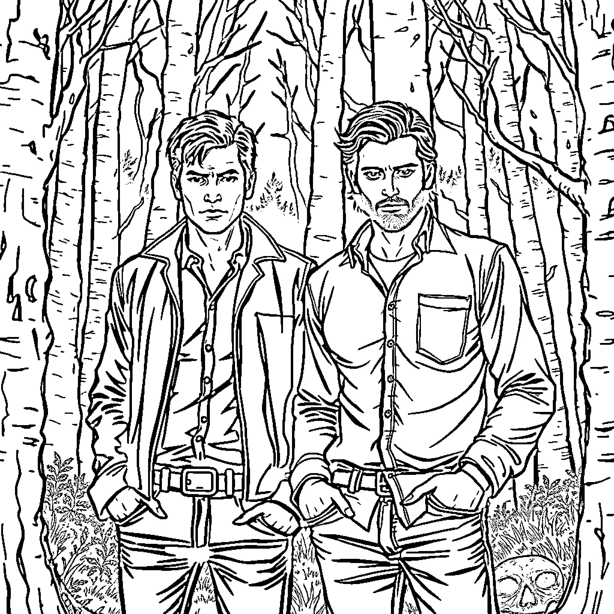 Winchester Brothers exploring the mysterious forest Coloring Page (free black-and-white line drawing printable PDF for all, from beginners to advanced learners, including children, teens, adults, and seniors)