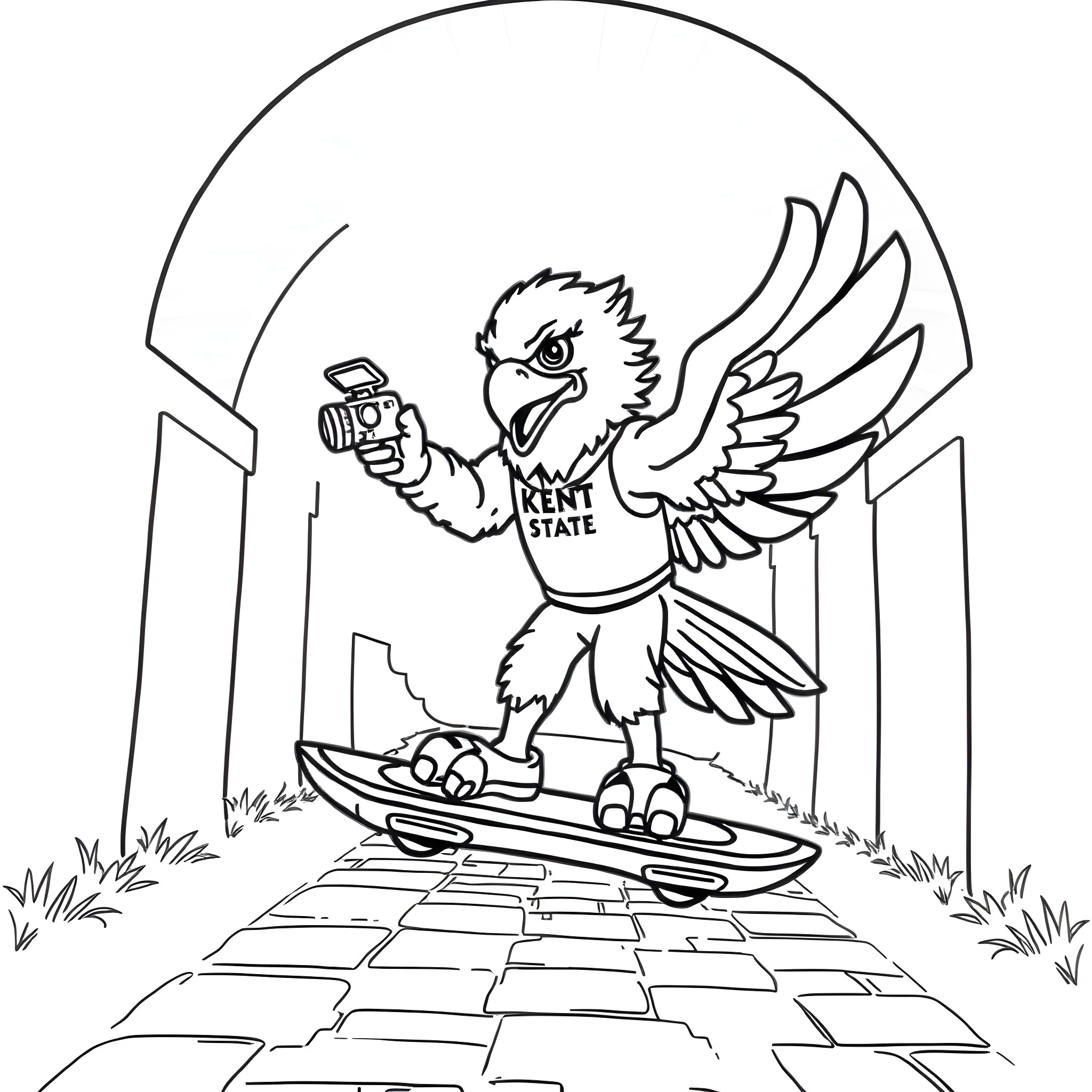 Eagle mascot riding a hoverboard in a stadium Coloring Page (free black-and-white line drawing printable PDF for all, from beginners to advanced learners, including children, teens, adults, and seniors)