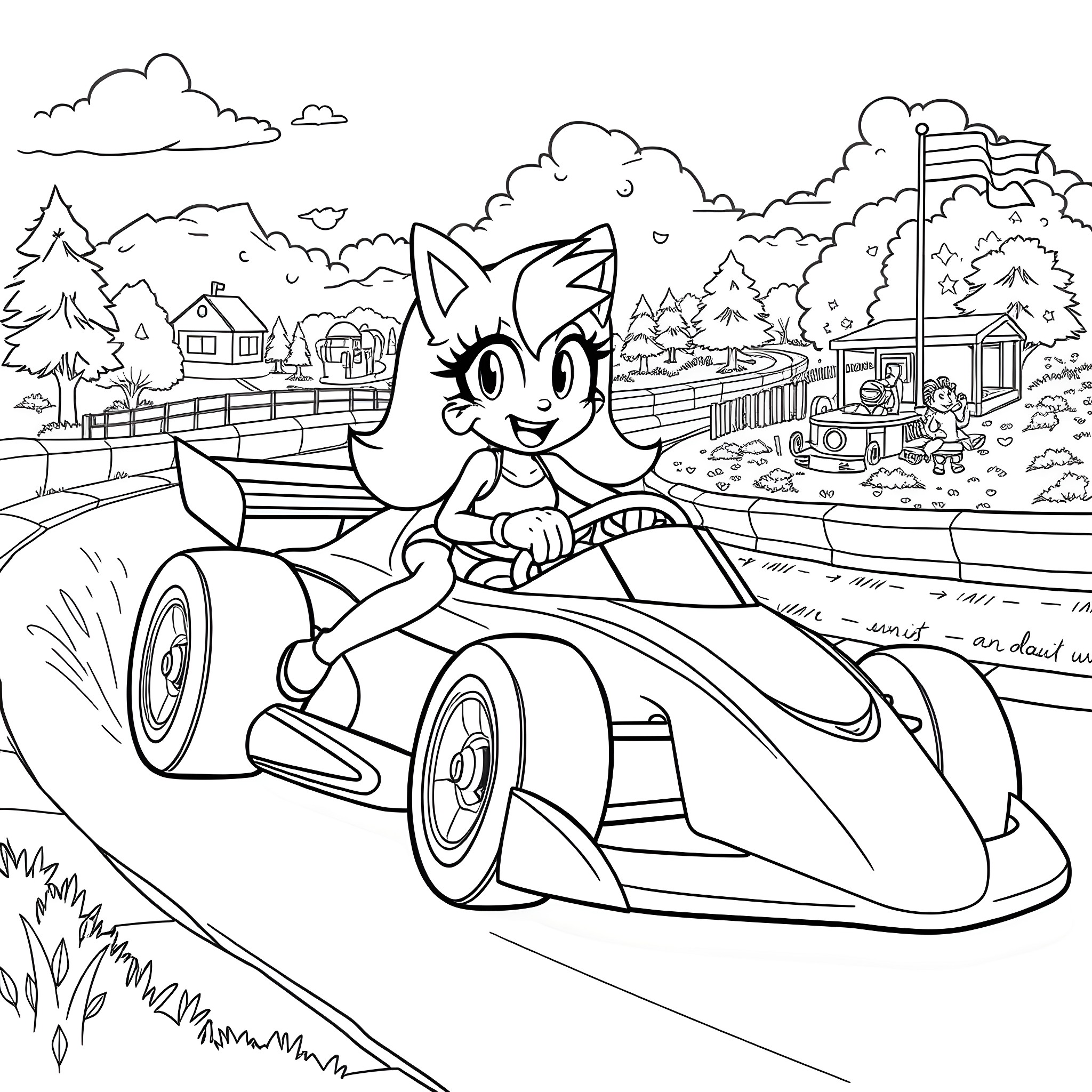 Amy Rose racing in a speedy kart through a countryside town Coloring Page (free black-and-white line drawing printable PDF for all, from beginners to advanced learners, including children, teens, adults, and seniors)