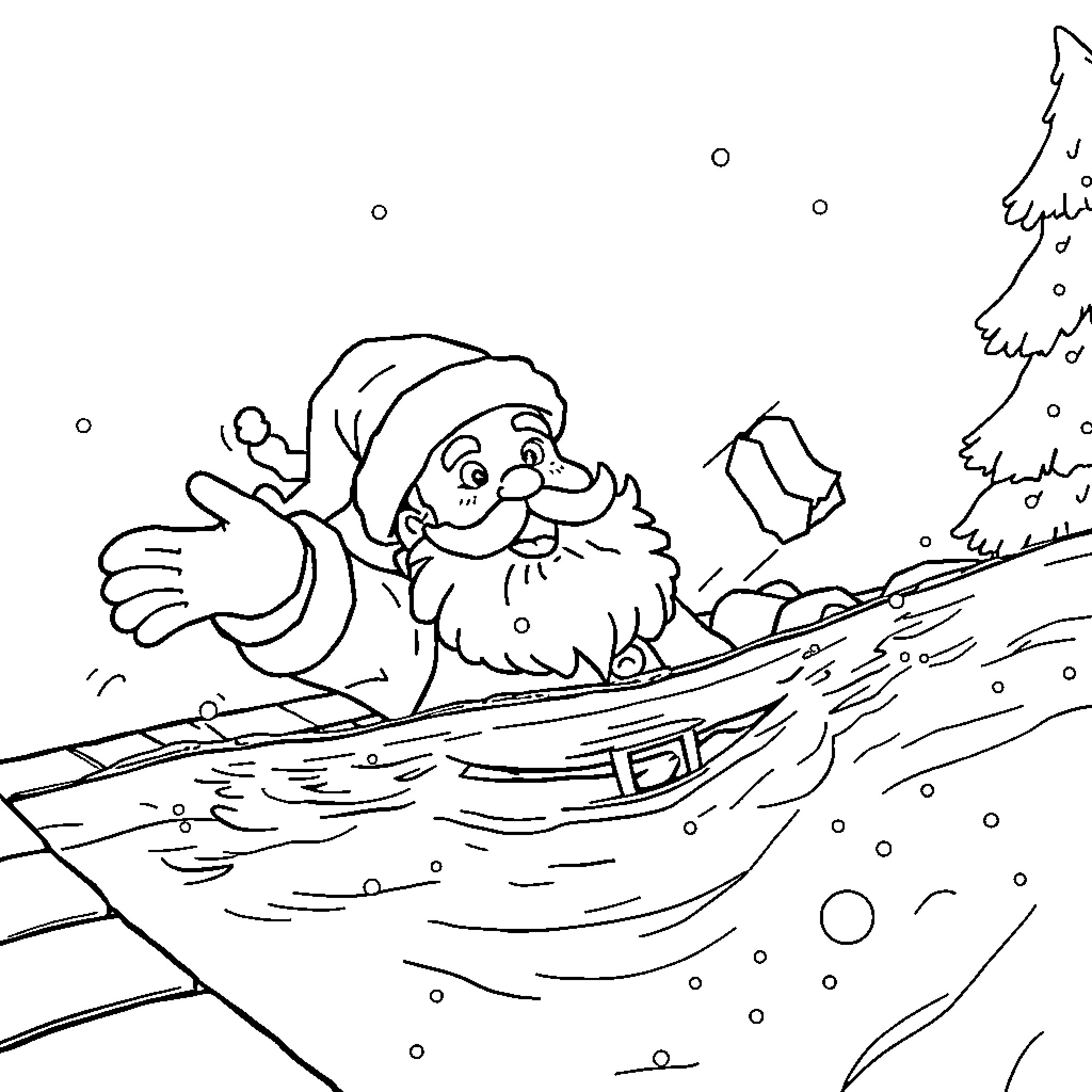 Father Christmas waving from a boat on a snowy day Coloring Page (free black-and-white line drawing printable PDF for all, from beginners to advanced learners, including children, teens, adults, and seniors)