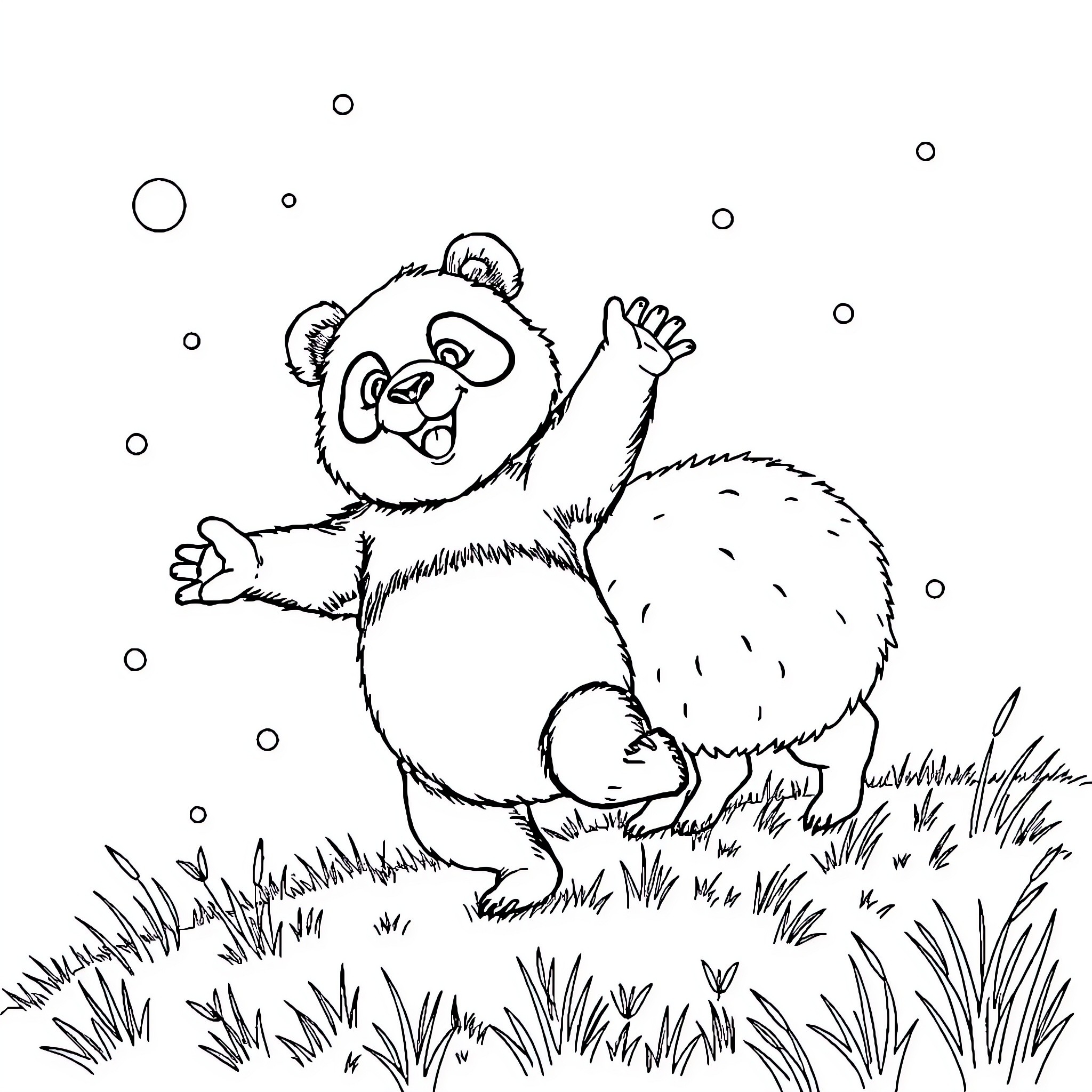 Panda having fun in the meadow Coloring Page (free black-and-white line drawing printable PDF for all, from beginners to advanced learners, including children, teens, adults, and seniors)