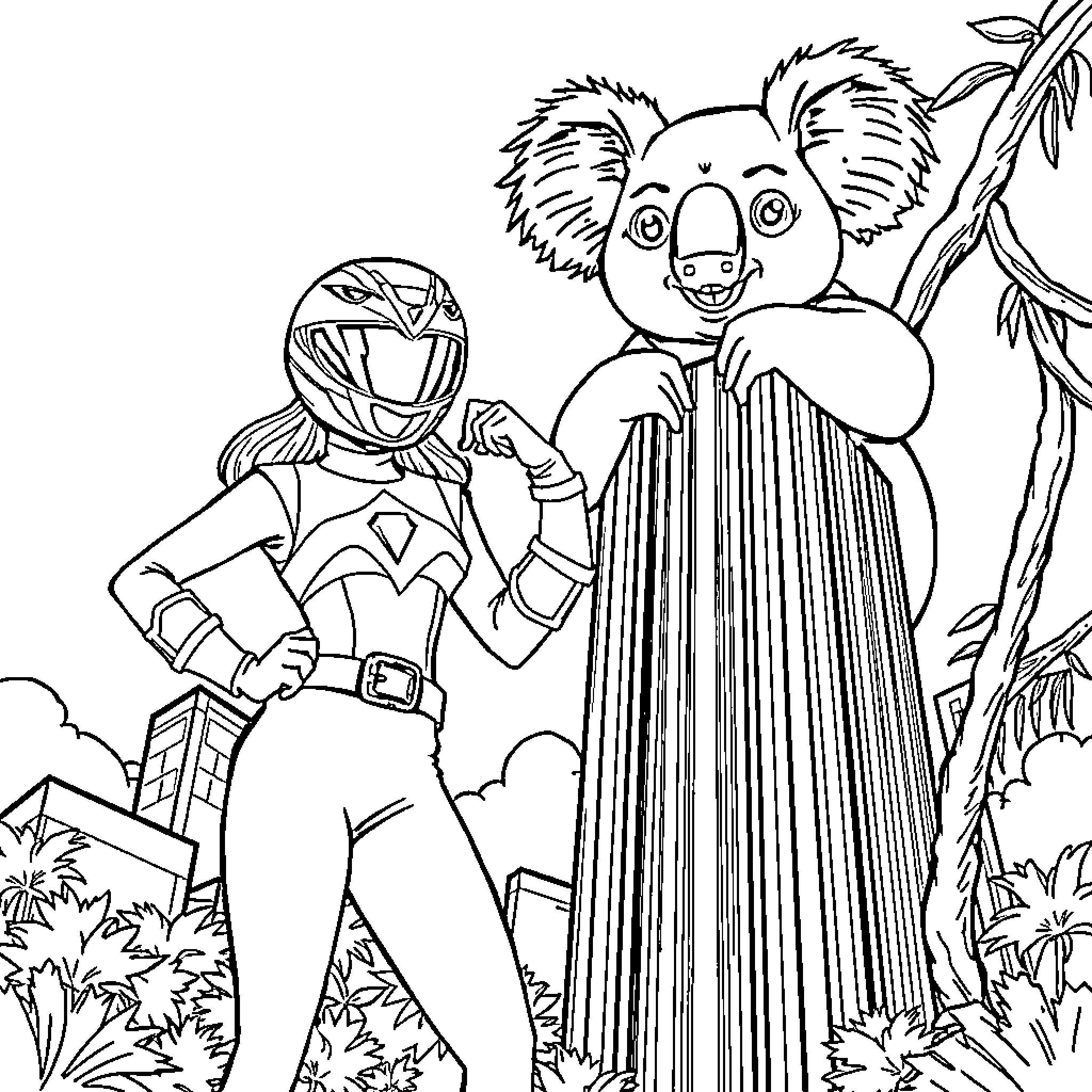 Power Ranger Encounters Friendly Koala in Wilderness Coloring Page (free black-and-white line drawing printable PDF for all, from beginners to advanced learners, including children, teens, adults, and seniors)