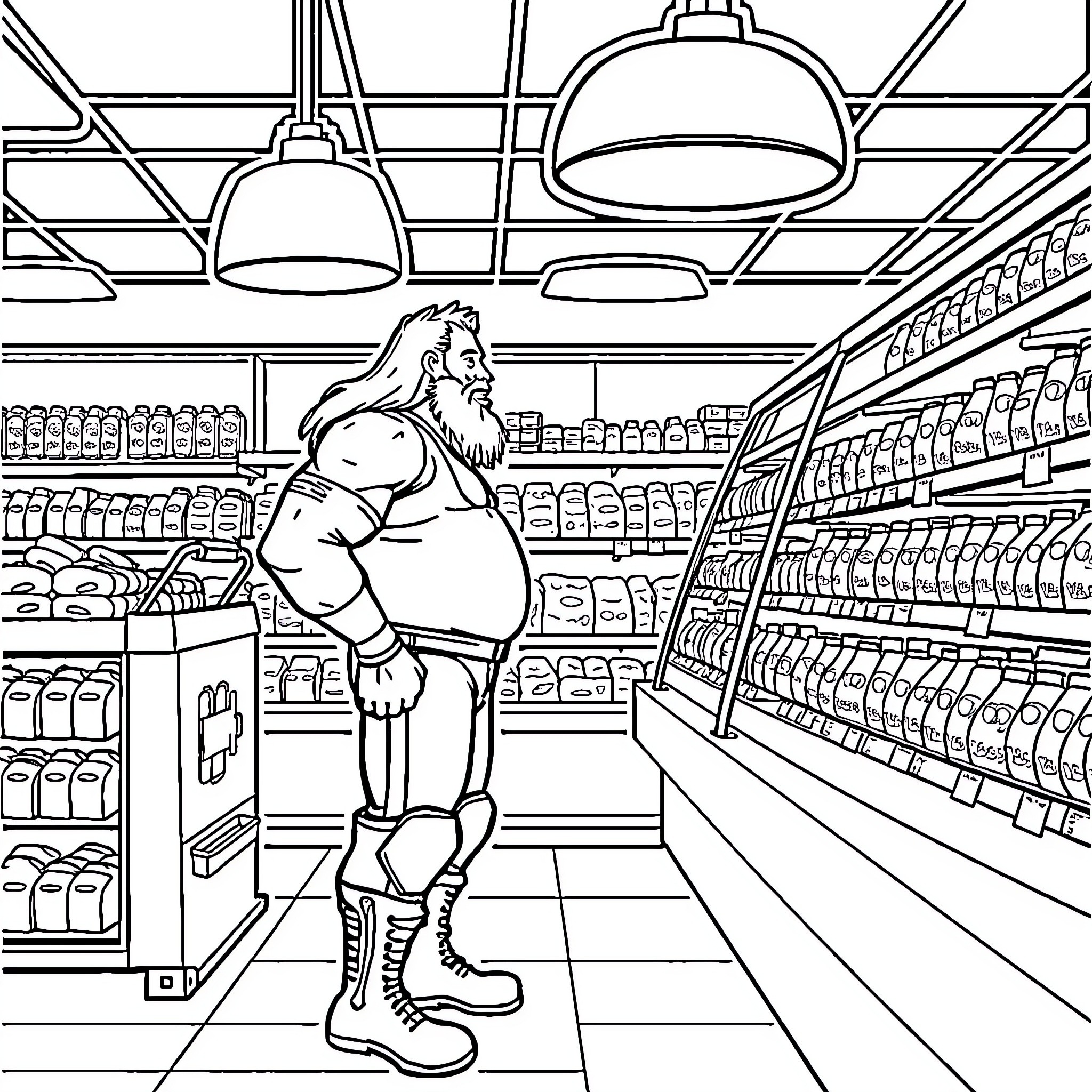 Sting of a bearded man shopping in a grocery store Coloring Page (free black-and-white line drawing printable PDF for all, from beginners to advanced learners, including children, teens, adults, and seniors)