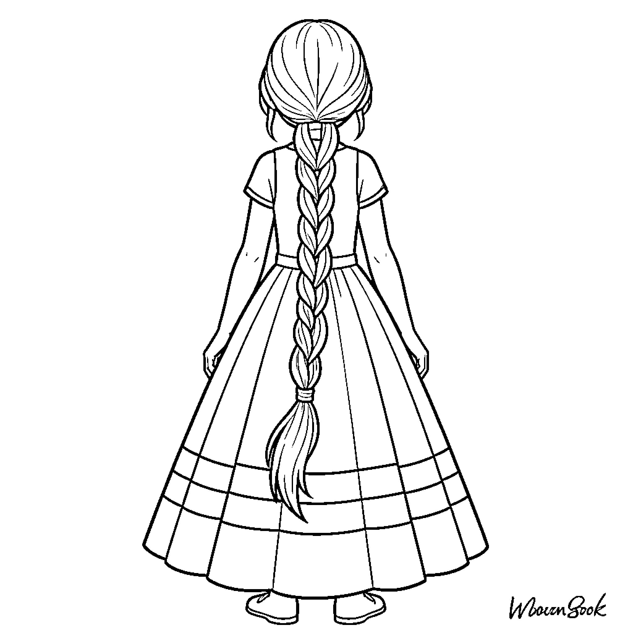 Girl in Braided Dress Facing Away Coloring Page (free black-and-white line drawing printable PDF for all, from beginners to advanced learners, including children, teens, adults, and seniors)