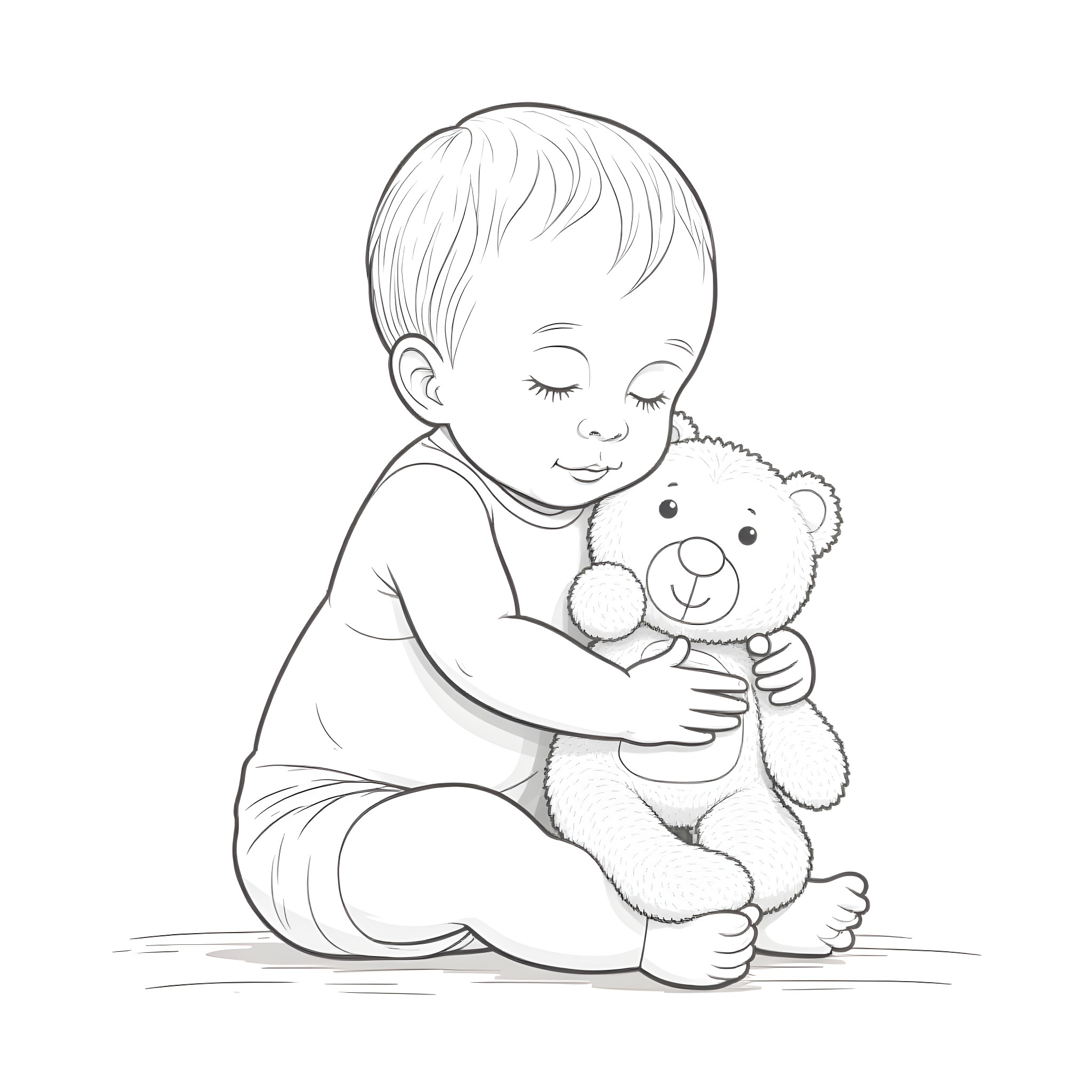 Baby playing peacefully with a stuffed bear Coloring Page (free black-and-white line drawing printable PDF for all, from beginners to advanced learners, including children, teens, adults, and seniors)