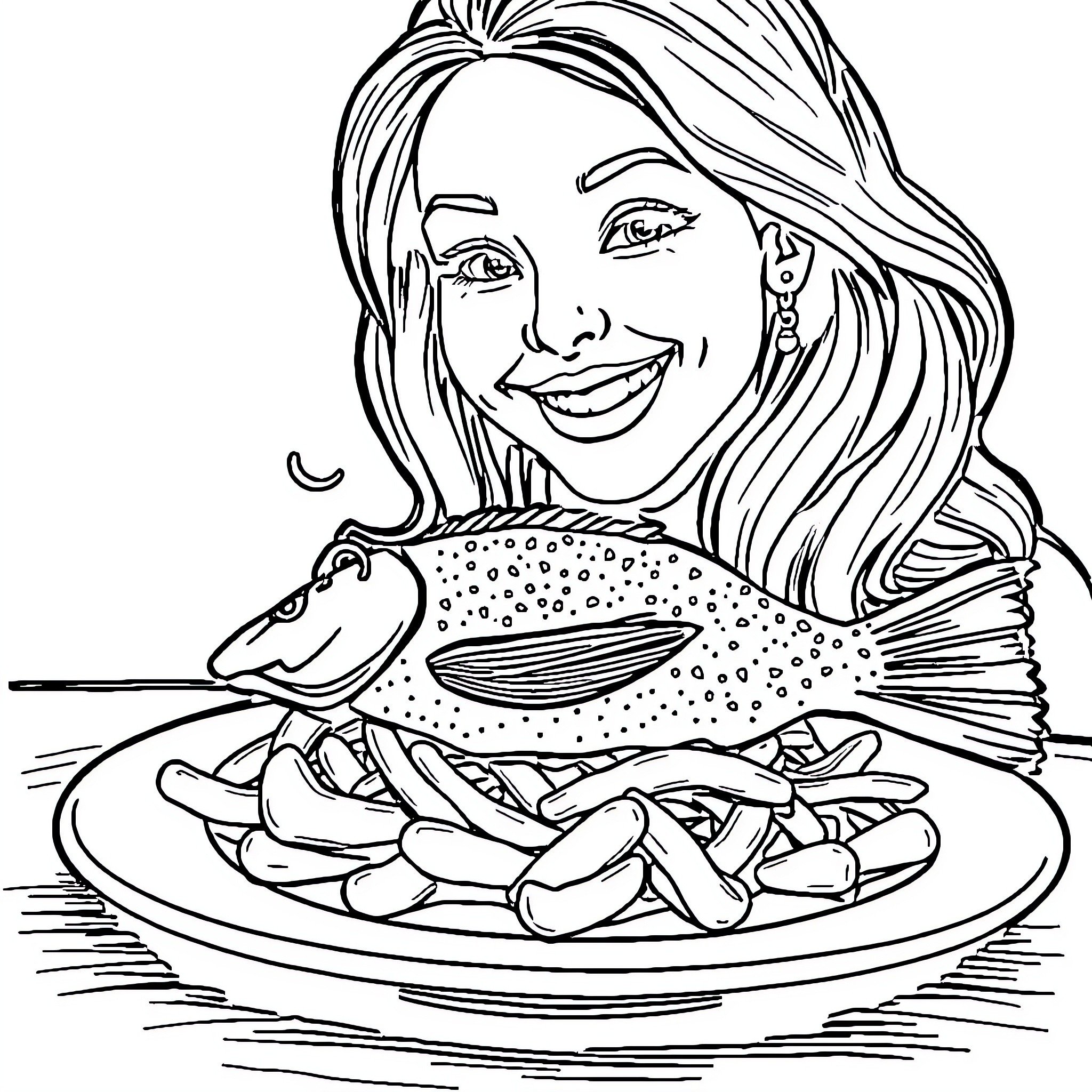 Fish feast with smiling woman Coloring Page (free black-and-white line drawing printable PDF for all, from beginners to advanced learners, including children, teens, adults, and seniors)