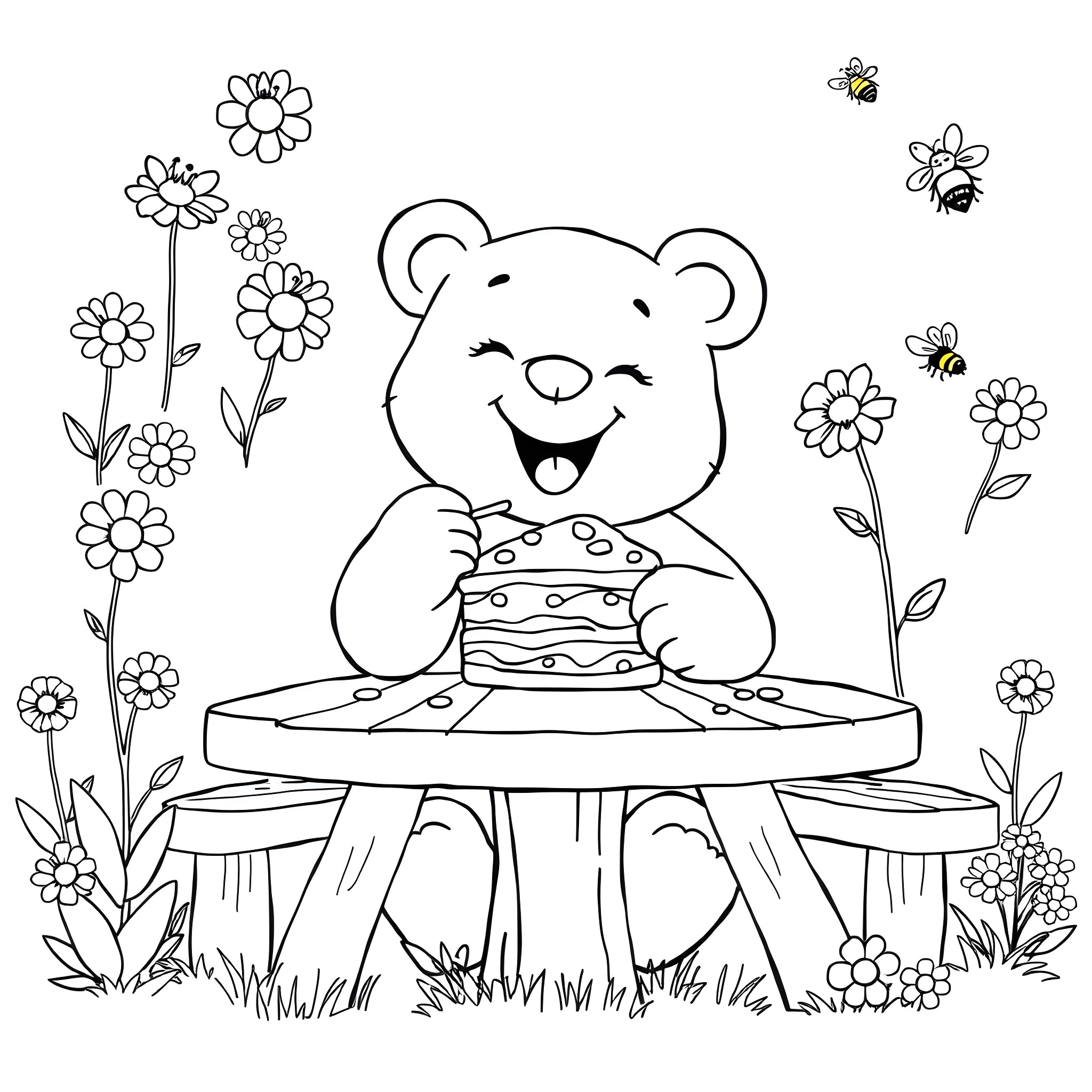 Bear enjoying a sweet birthday cake in the garden Coloring Page (free black-and-white line drawing printable PDF for all, from beginners to advanced learners, including children, teens, adults, and seniors)