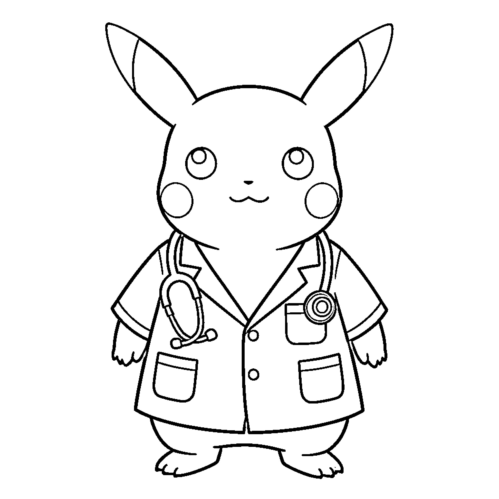 Pikachu dressed as a doctor wearing a stethoscope Coloring Page (free black-and-white line drawing printable PDF for all, from beginners to advanced learners, including children, teens, adults, and seniors)