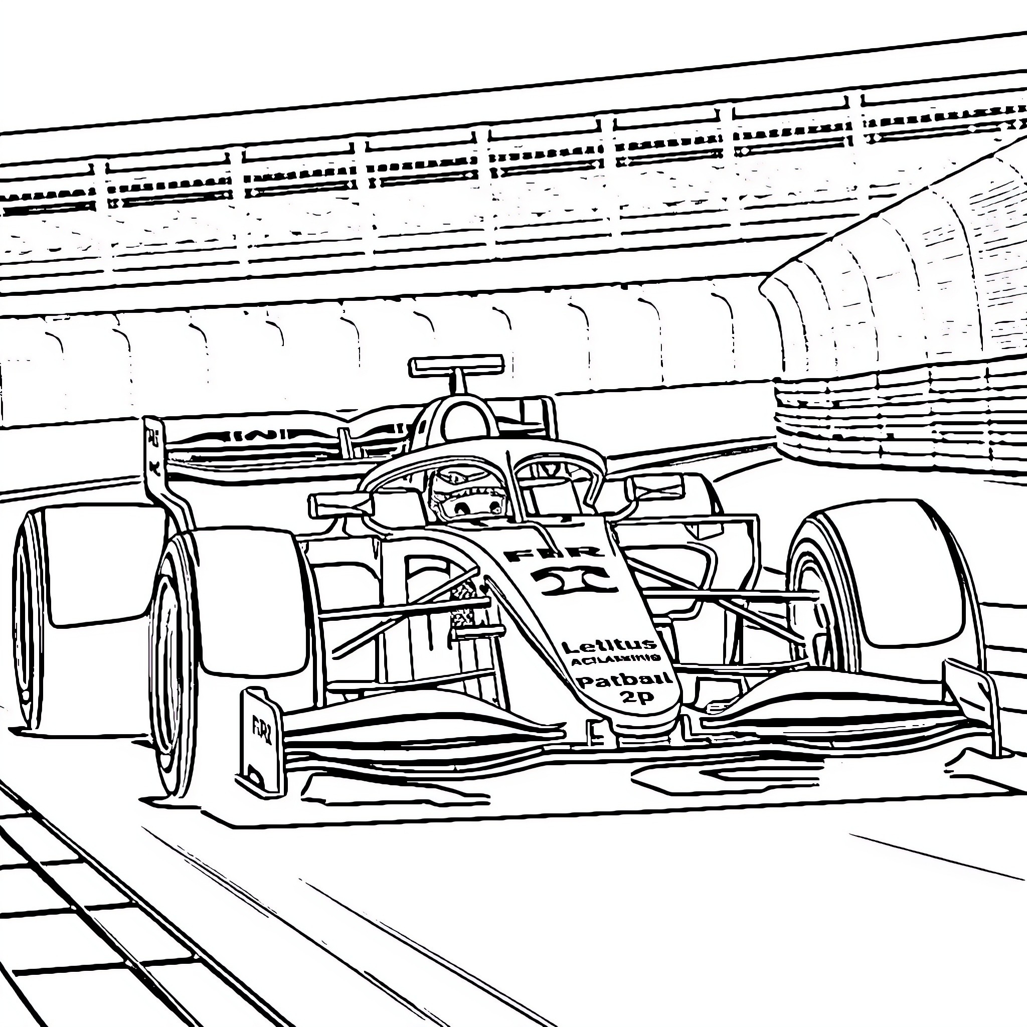 F1 Car speeding on race track Coloring Page (free black-and-white line drawing printable PDF for all, from beginners to advanced learners, including children, teens, adults, and seniors)