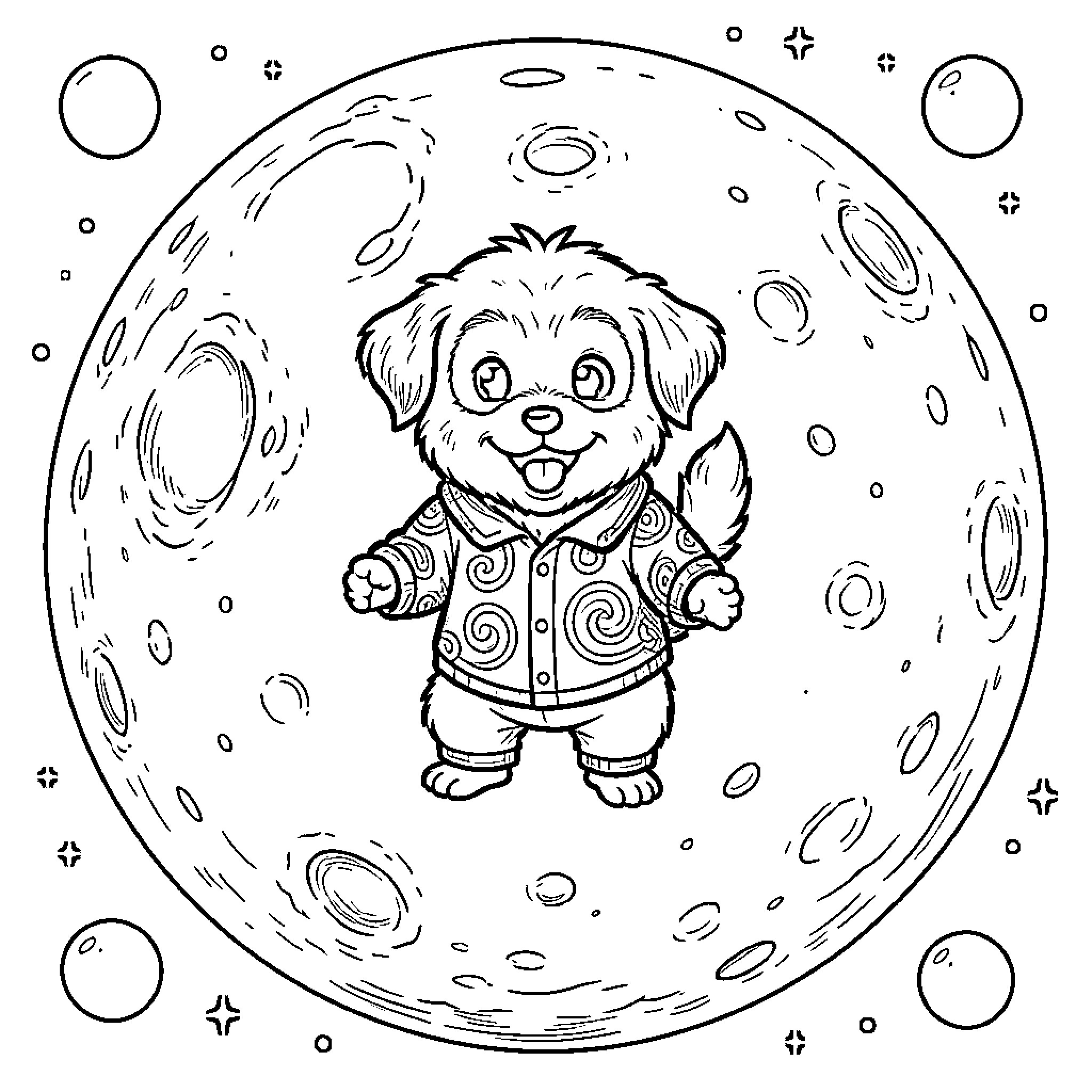 Perro en la luna con accesorios espaciales Coloring Page (free black-and-white line drawing printable PDF for all, from beginners to advanced learners, including children, teens, adults, and seniors)