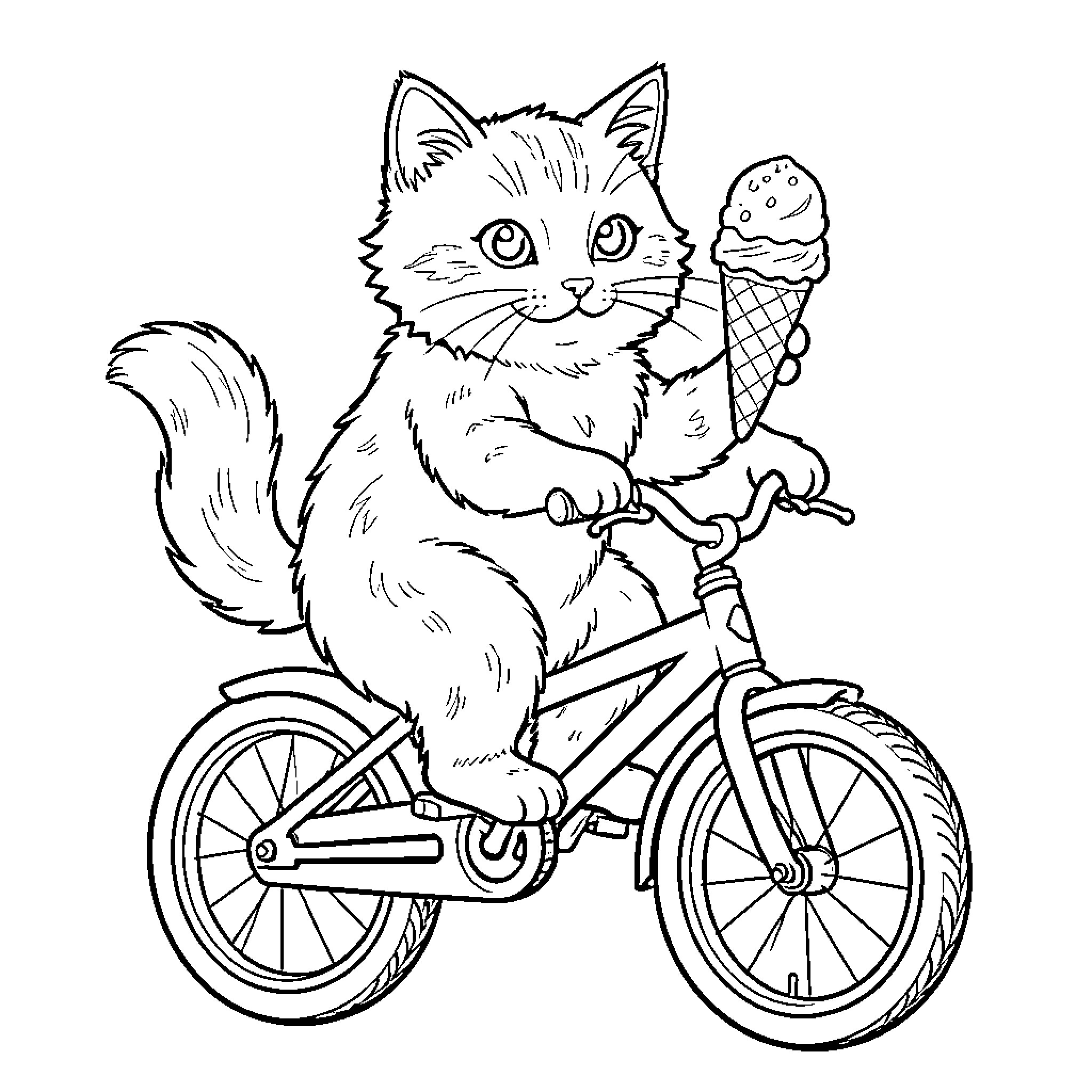 Cat riding a bicycle and holding an ice cream cone Coloring Page (free black-and-white line drawing printable PDF for all, from beginners to advanced learners, including children, teens, adults, and seniors)