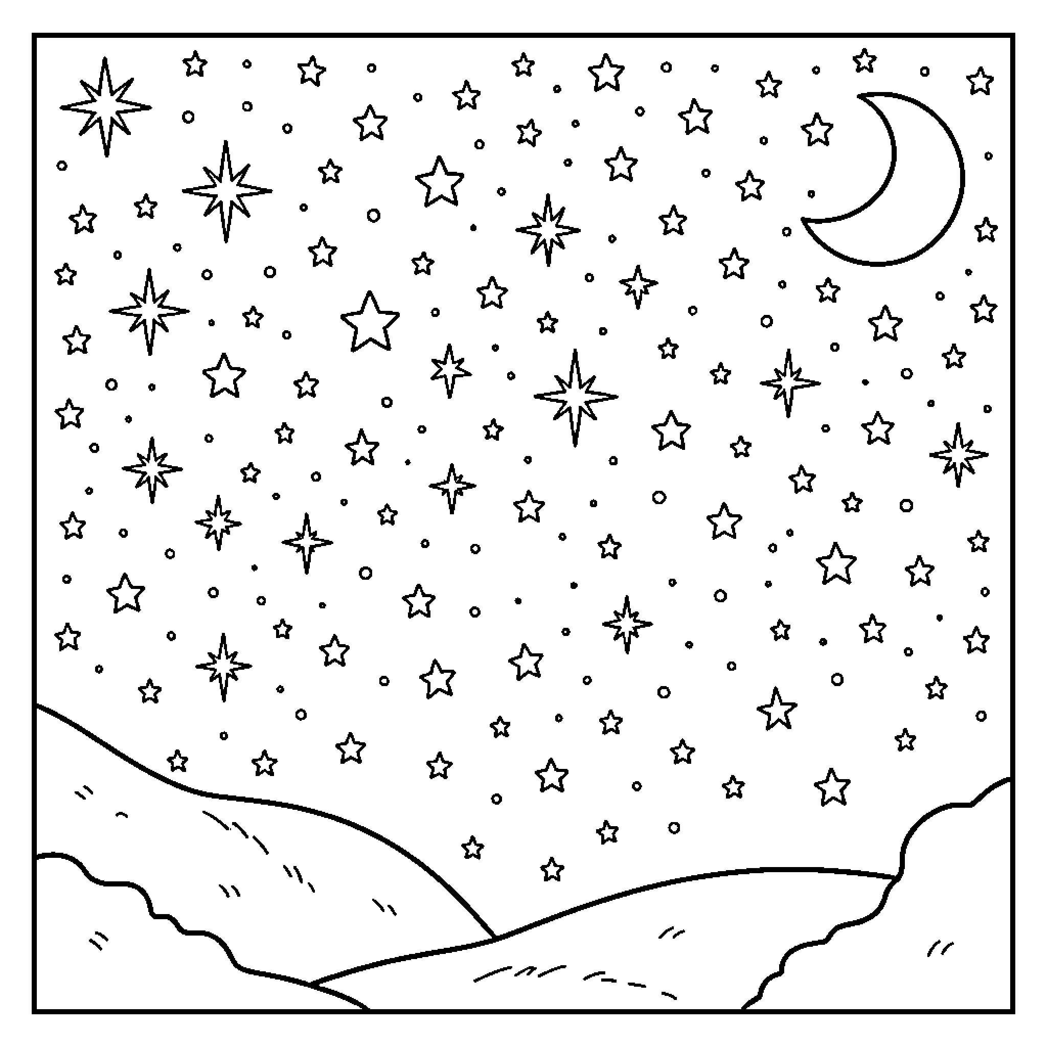 Starry night sky with a crescent moon over hills Coloring Page (free black-and-white line drawing printable PDF for all, from beginners to advanced learners, including children, teens, adults, and seniors)