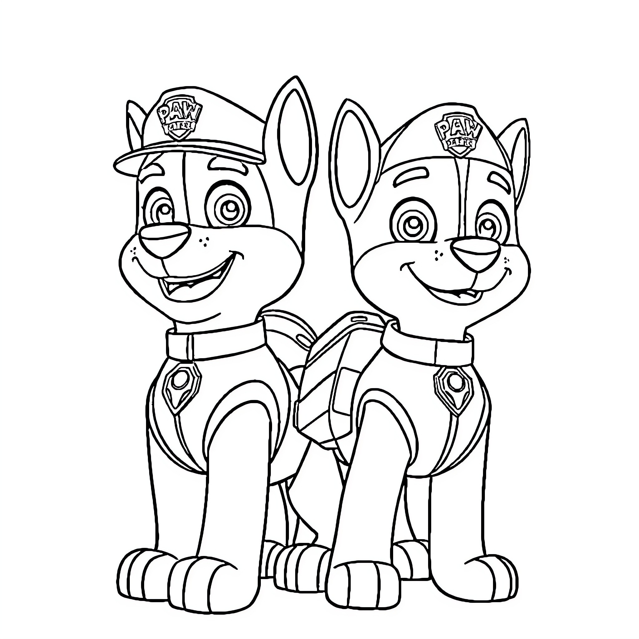 Paw Patrol puppies on patrol in uniform Coloring Page (free black-and-white line drawing printable PDF for all, from beginners to advanced learners, including children, teens, adults, and seniors)