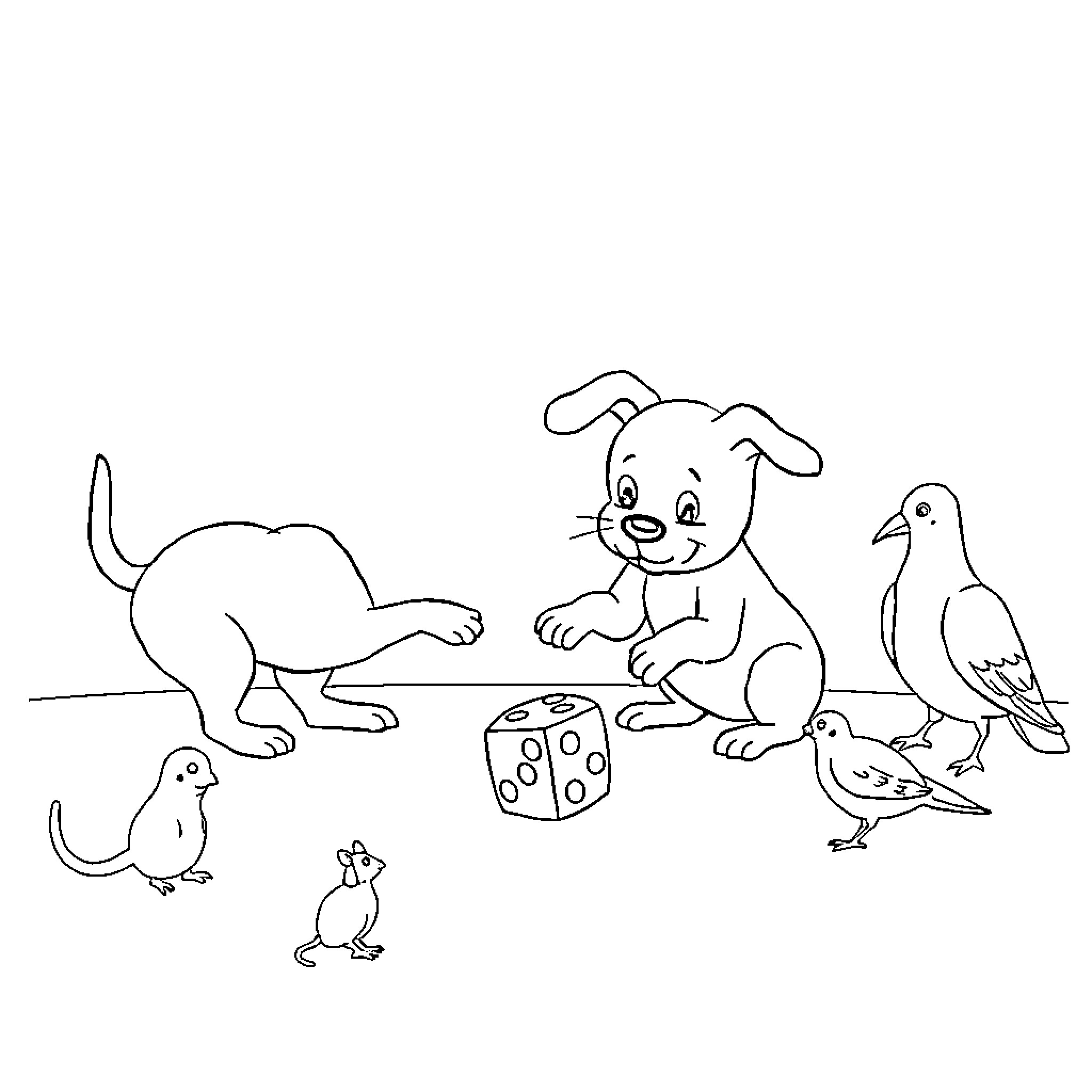 Dog playing with ducks and dice in the park Coloring Page (free black-and-white line drawing printable PDF for all, from beginners to advanced learners, including children, teens, adults, and seniors)