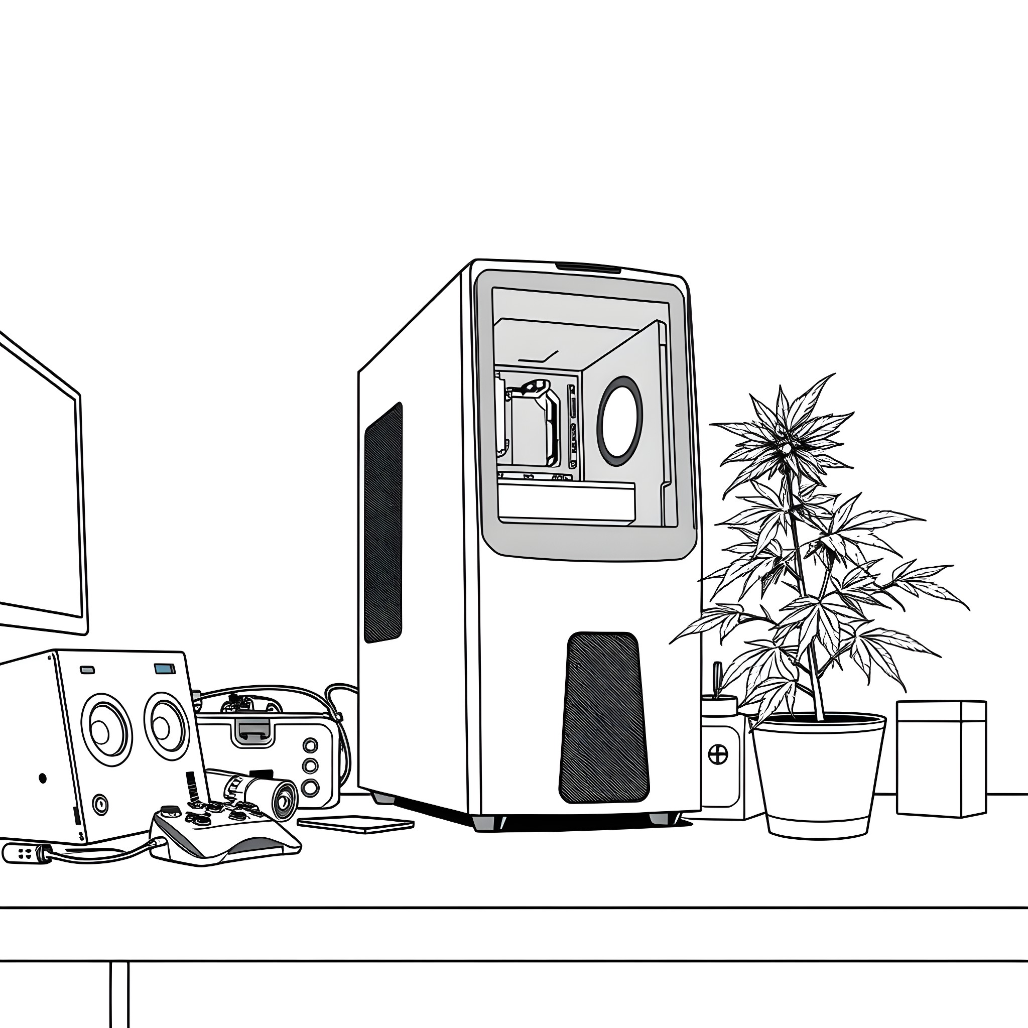PC Setup with Game Equipment and Potted Plant Coloring Page (free black-and-white line drawing printable PDF for all, from beginners to advanced learners, including children, teens, adults, and seniors)