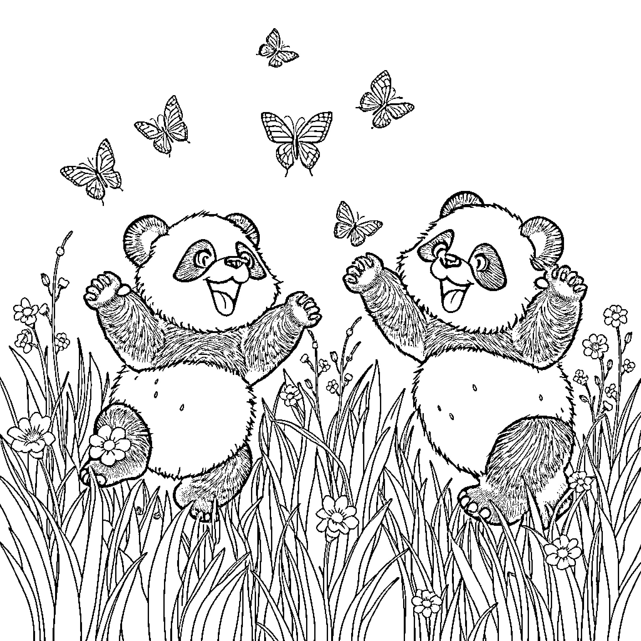 Panda cubs playing in a field of flowers Coloring Page (free black-and-white line drawing printable PDF for all, from beginners to advanced learners, including children, teens, adults, and seniors)