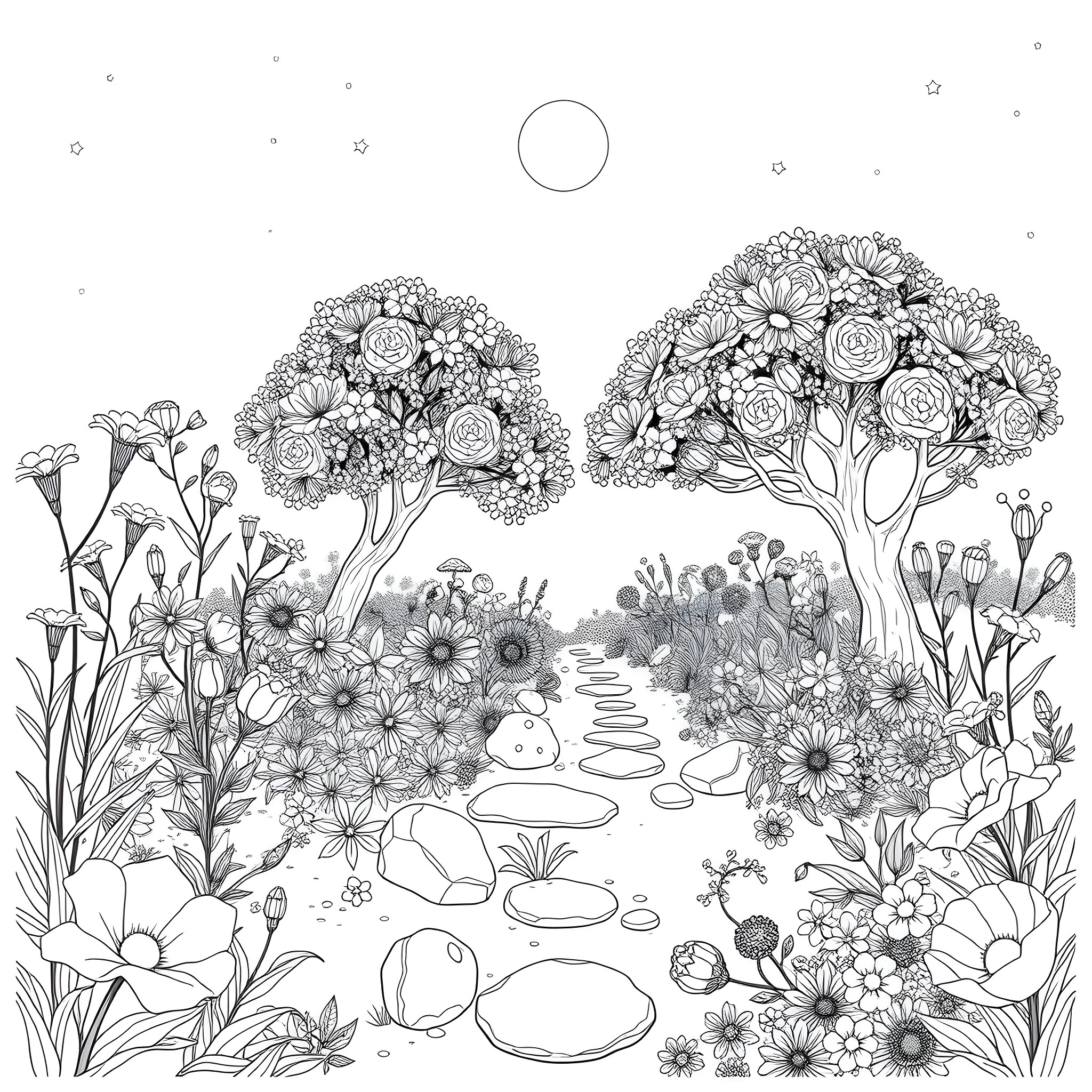 Garden with Whimsical Floral Elements Coloring Page (free black-and-white line drawing printable PDF for all, from beginners to advanced learners, including children, teens, adults, and seniors)