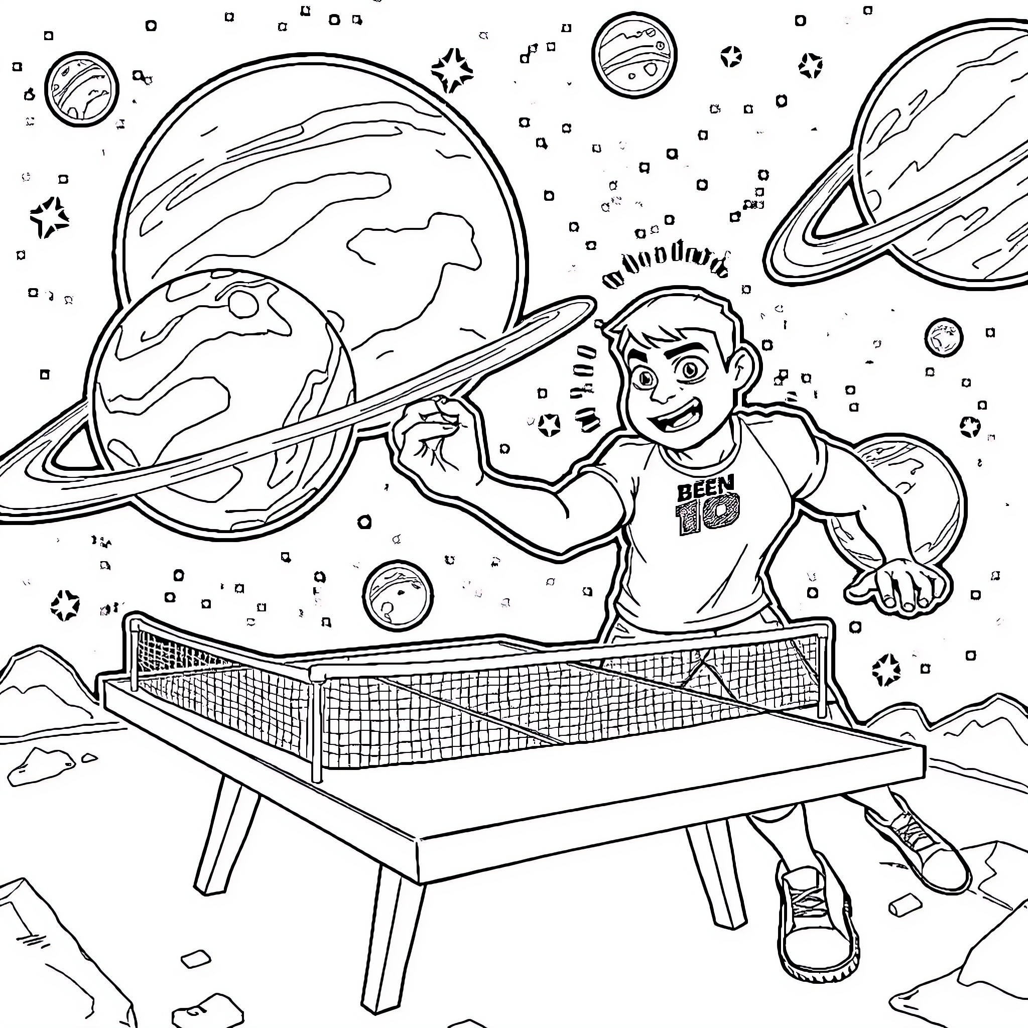 Ben 10 Playing Ping-Pong in Outer Space Coloring Page (free black-and-white line drawing printable PDF for all, from beginners to advanced learners, including children, teens, adults, and seniors)