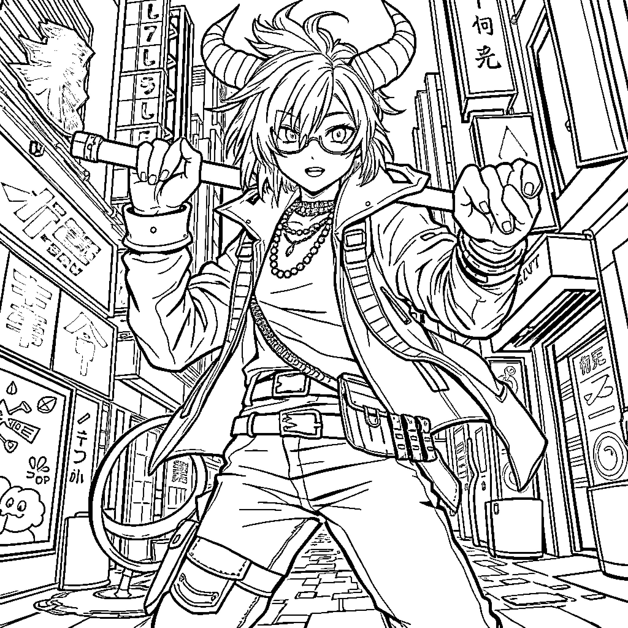 Demon Hunter Battles Fiendish Adversaries in Futuristic City Coloring Page (free black-and-white line drawing printable PDF for all, from beginners to advanced learners, including children, teens, adults, and seniors)