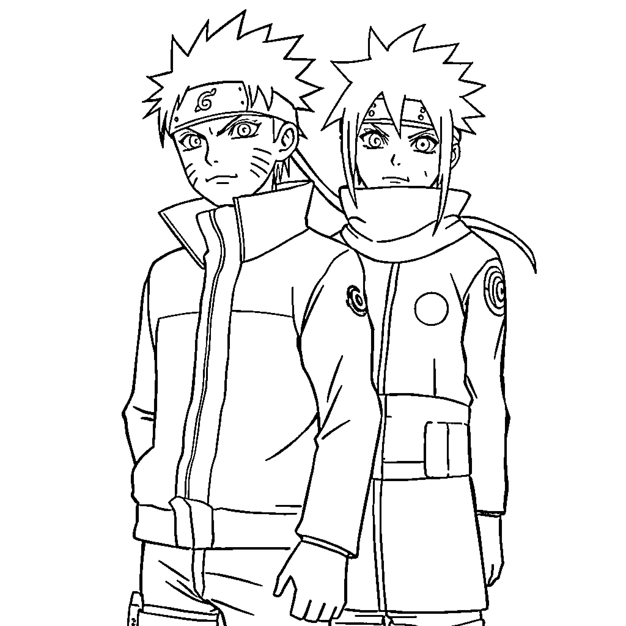 Naruto and Sasuke in Action Poses Coloring Page (free black-and-white line drawing printable PDF for all, from beginners to advanced learners, including children, teens, adults, and seniors)
