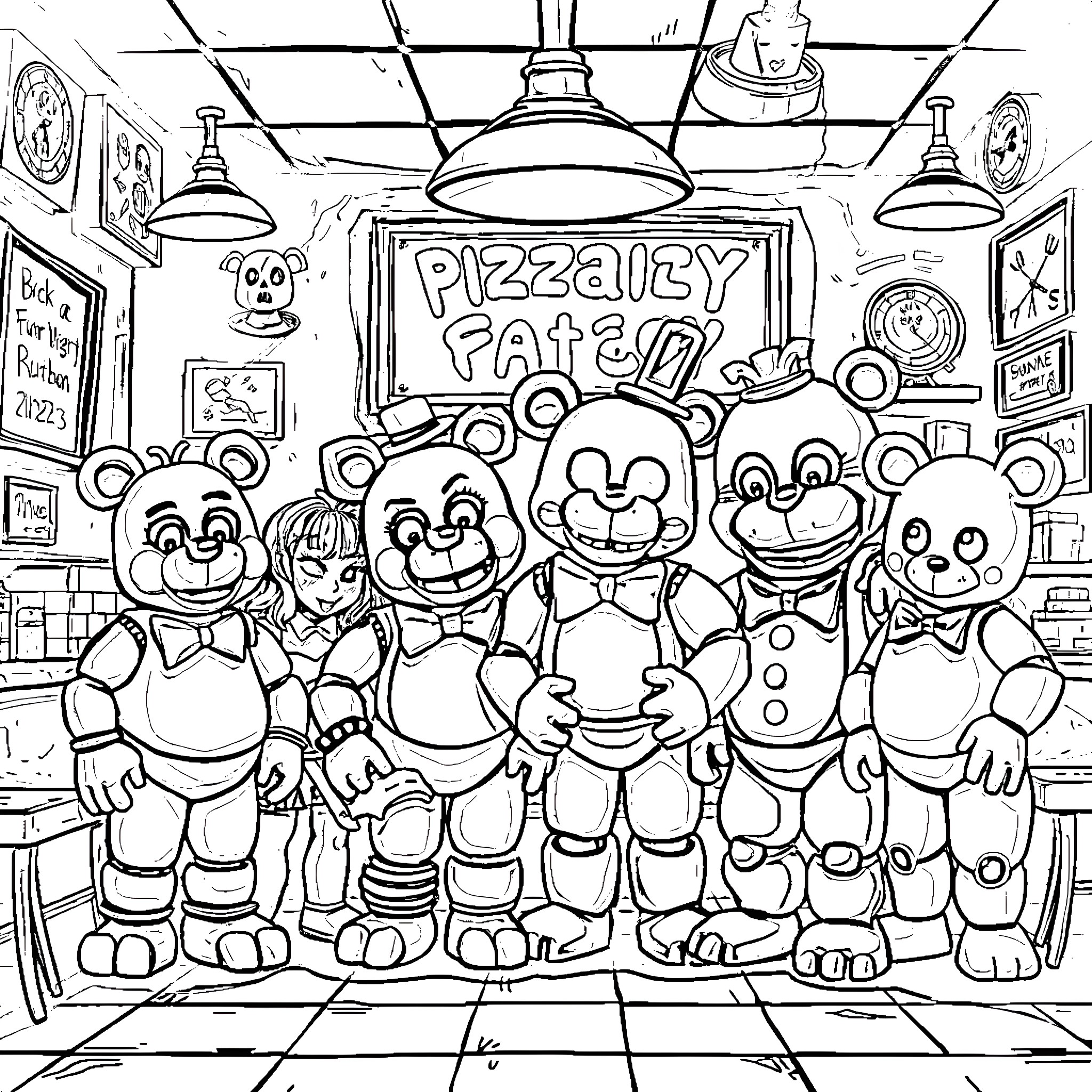Freddy's Pizza Party with Smiling Animatronics Coloring Page (free black-and-white line drawing printable PDF for all, from beginners to advanced learners, including children, teens, adults, and seniors)